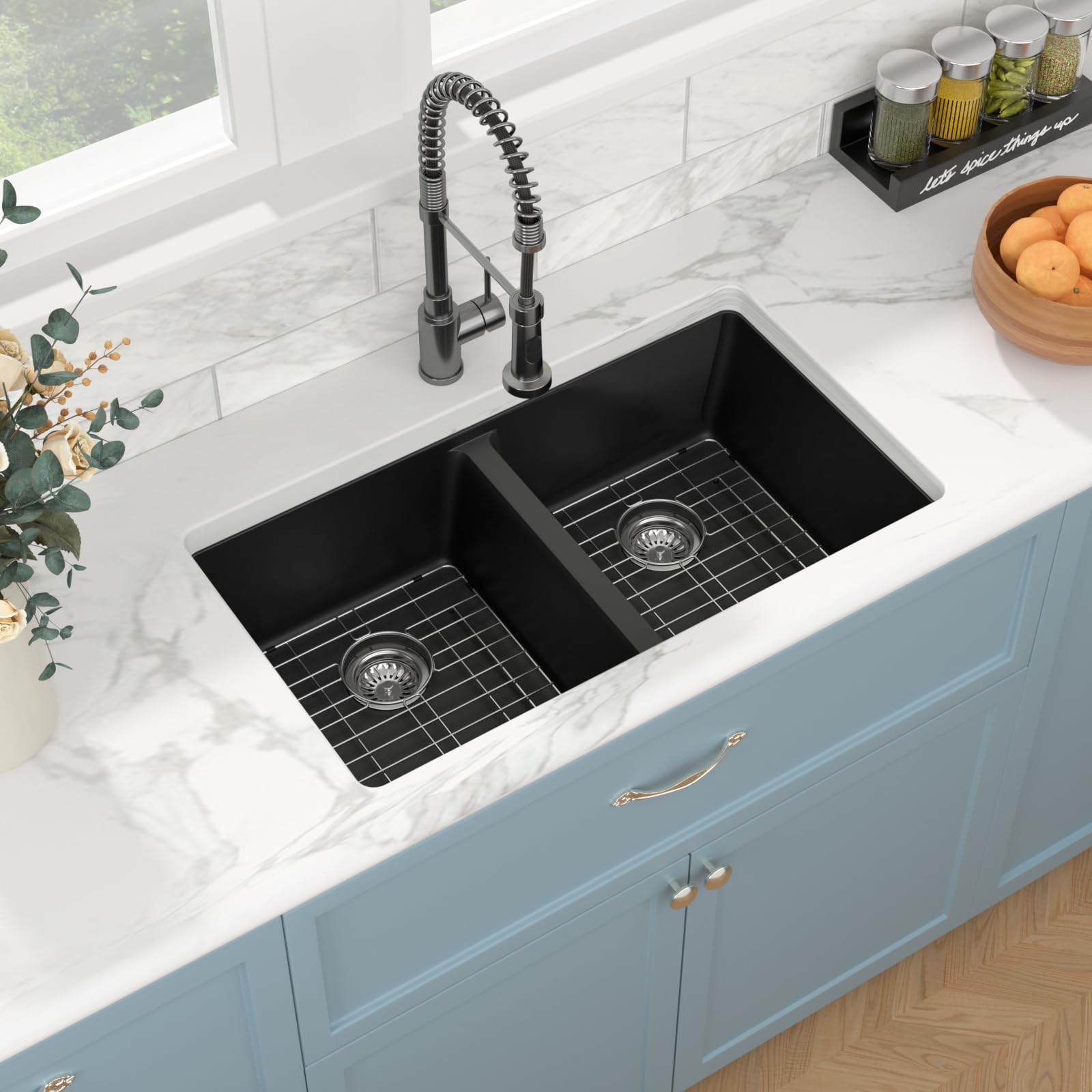 Sarlai 33''x19'' 50/50 Double Bowl Matte Black Granite Composite Kitchen Sink, Undermount Quartz Under Counter Basin with Complete Accessories