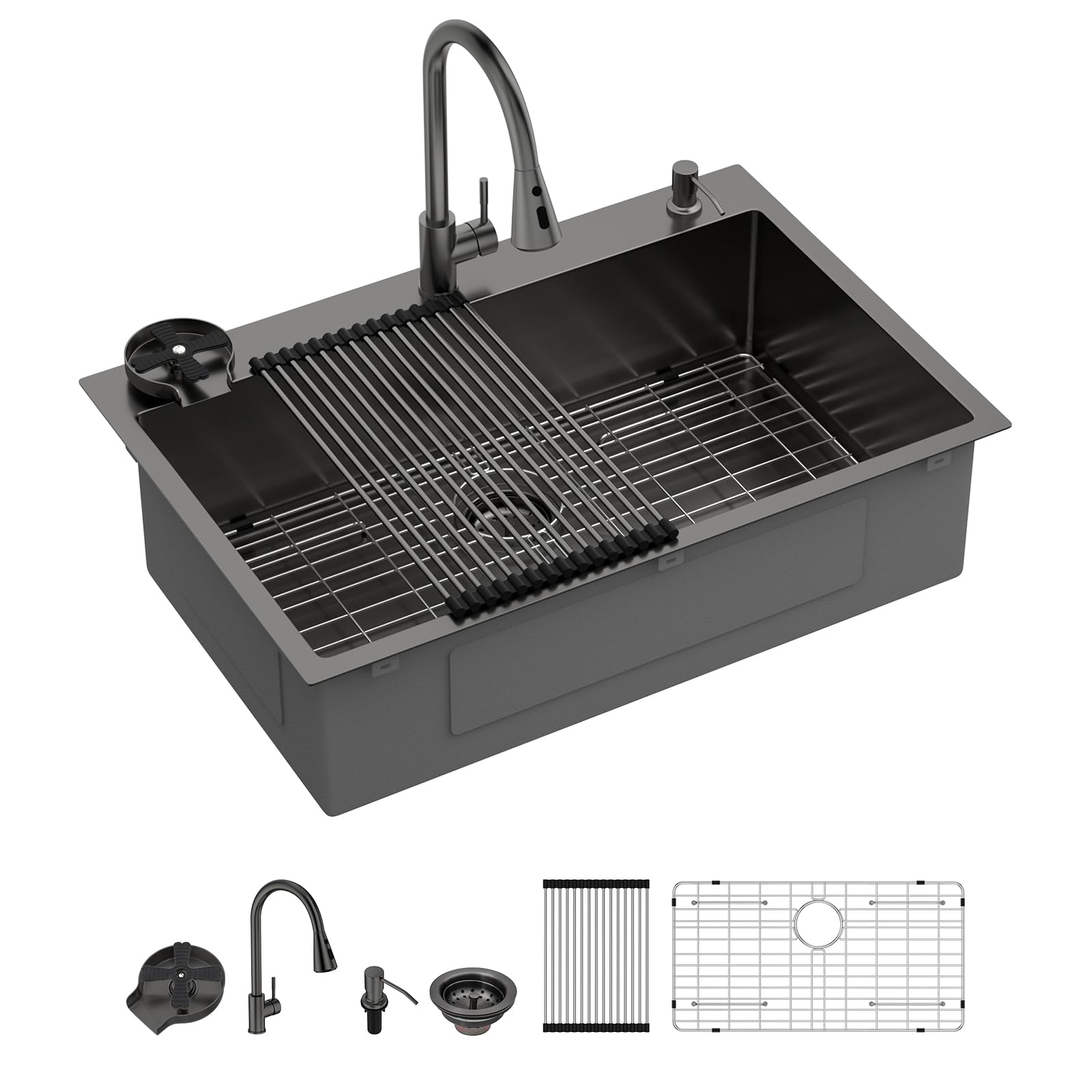 Sarlai 33''x22'' Gunmetal Black Drop-In Kitchen Sink, 16 Gauge Stainless Steel Topmount Single Bowl with Matching Kitchen Faucet Secondary image
