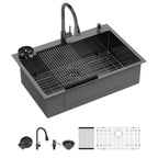 Sarlai 33''x22'' Gunmetal Black Drop-In Kitchen Sink, 16 Gauge Stainless Steel Topmount Single Bowl with Matching Kitchen Faucet