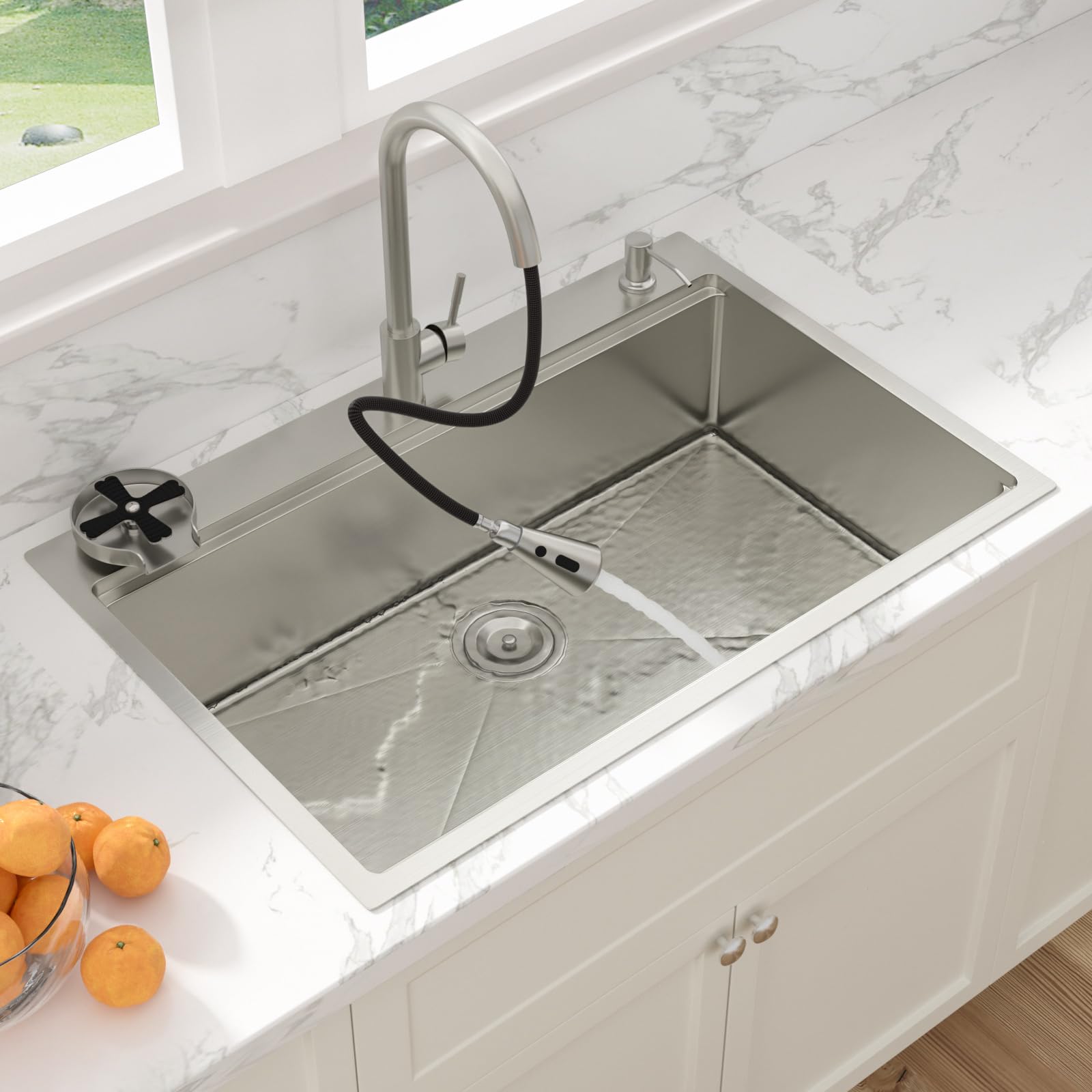 Sarlai 33''x22'' Drop-In Workstation Stainless Steel Sink, 16 Gauge Topmount Single Bowl with Cup Rinser, Soap Dispenser & Kitchen Faucet