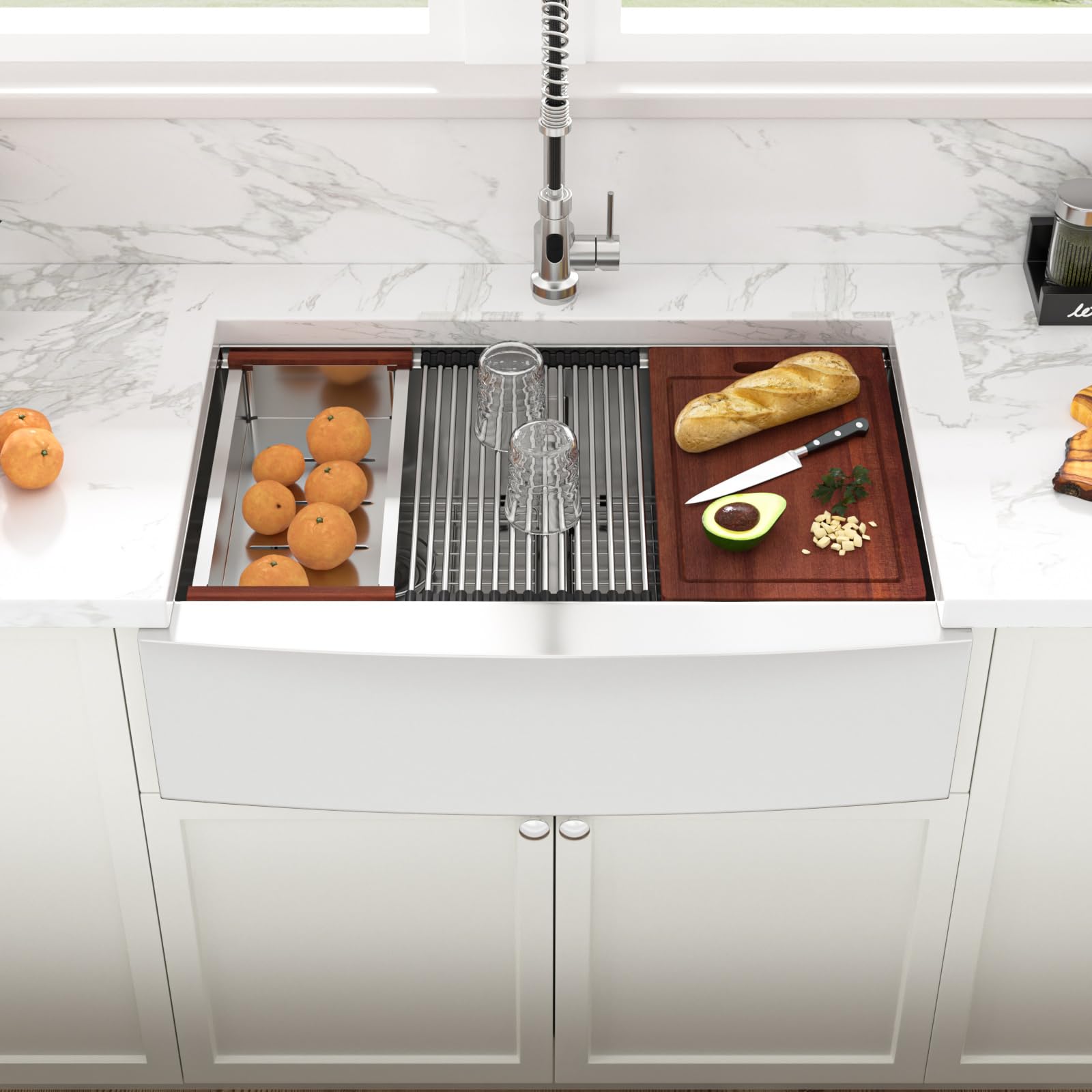 Sarlai 36in Double Bowl 50/50 Low Divide Apron Front Under Counter Stainless Steel Workstation Farmhouse Kitchen Sink Secondary image