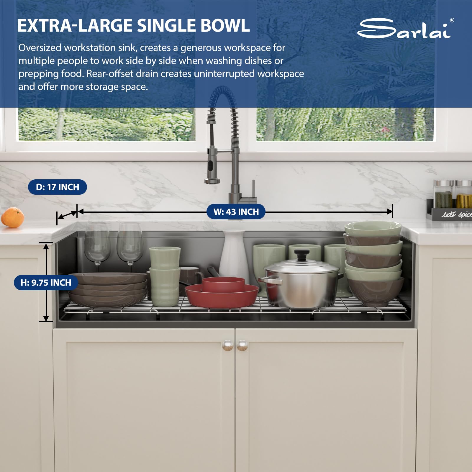 Sarlai 45'' Gunmetal Black NANO-PVD Undermount Workstation Kitchen Sink, 16 Gauge Stainless Steel Round Corner Single Bowl Basin