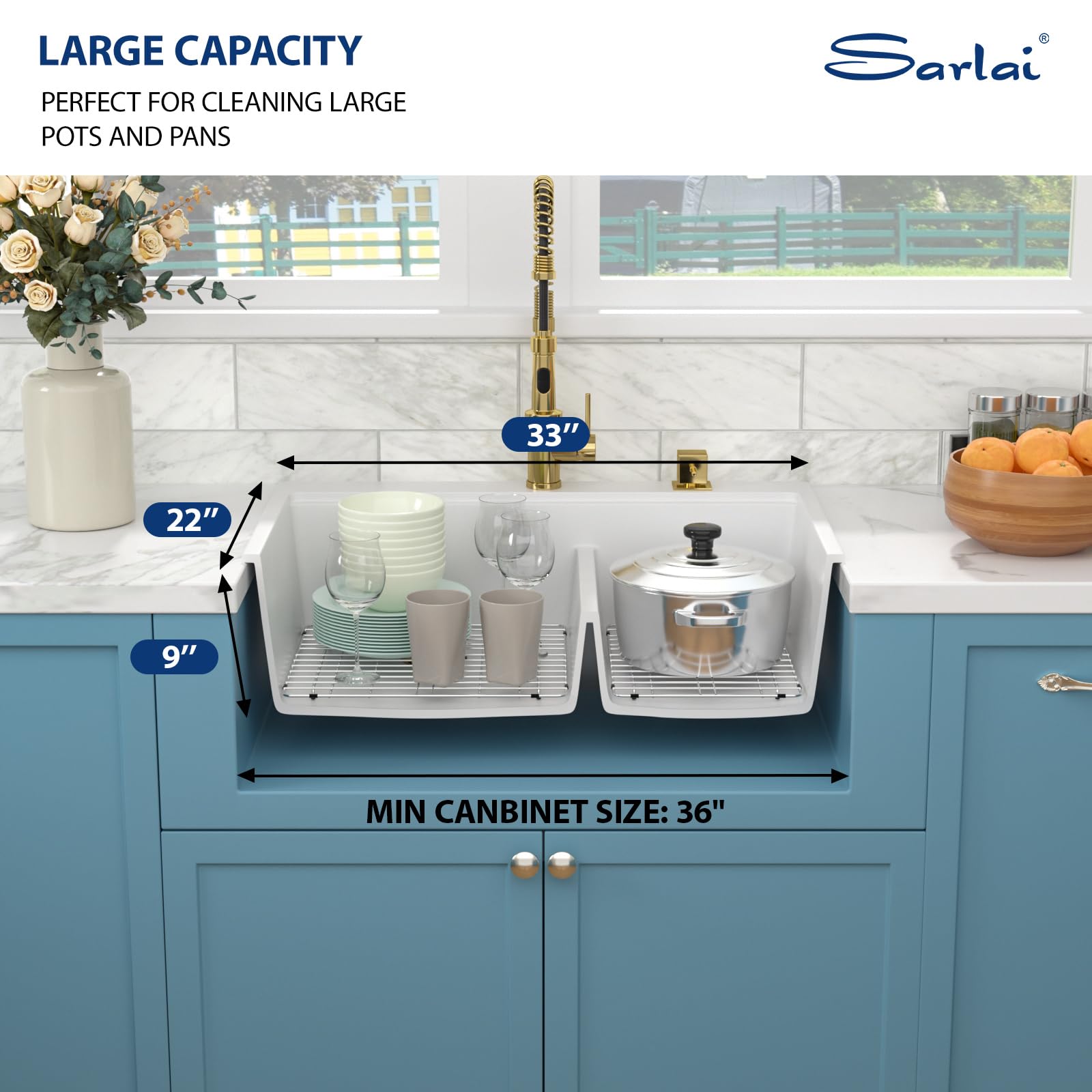 Sarlai 33''x22'' 60/40 Low Divide Double Bowl White Granite Composite Kitchen Sink, Drop-In Ledge Workstation Quartz Composite Above Counter Basin with Gold Accessories
