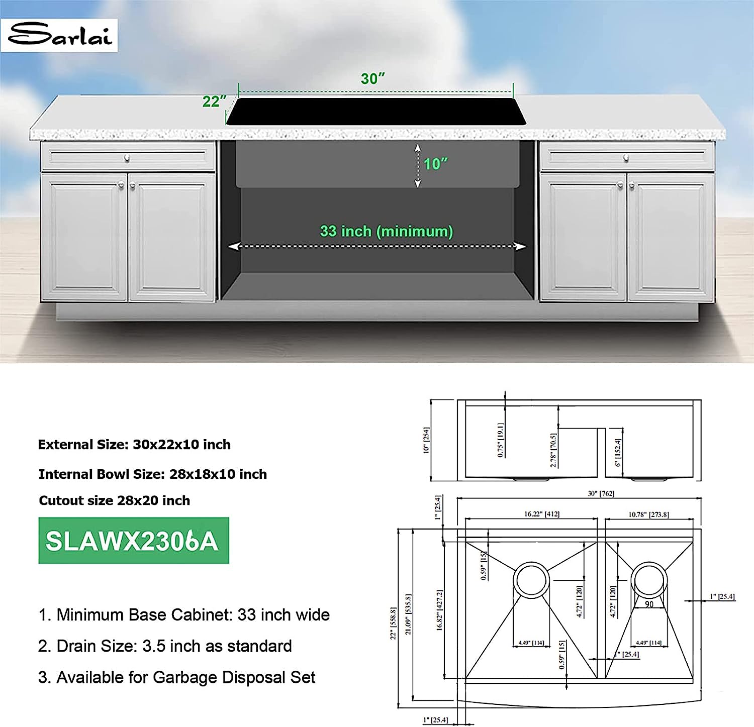 Sarlai 30in Stainless Steel Low Divide Double Bowl 60/40 Apron Front Workstation Farmhouse Sink