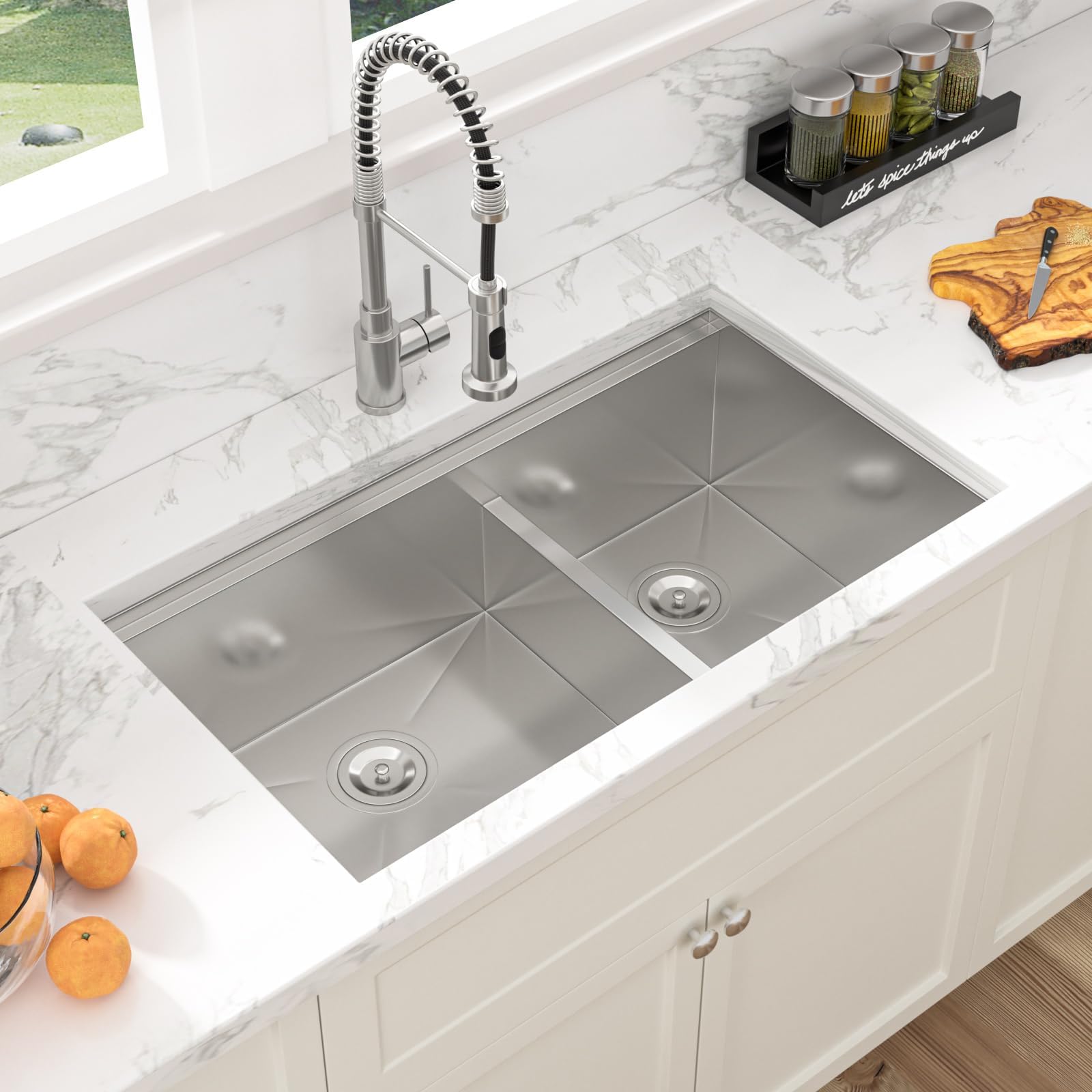 Sarlai 32''x19'' 60/40 Low Divide Double Bowl Stainless Steel Kitchen Sink, Undermount Ledge Workstation Under Counter Basin