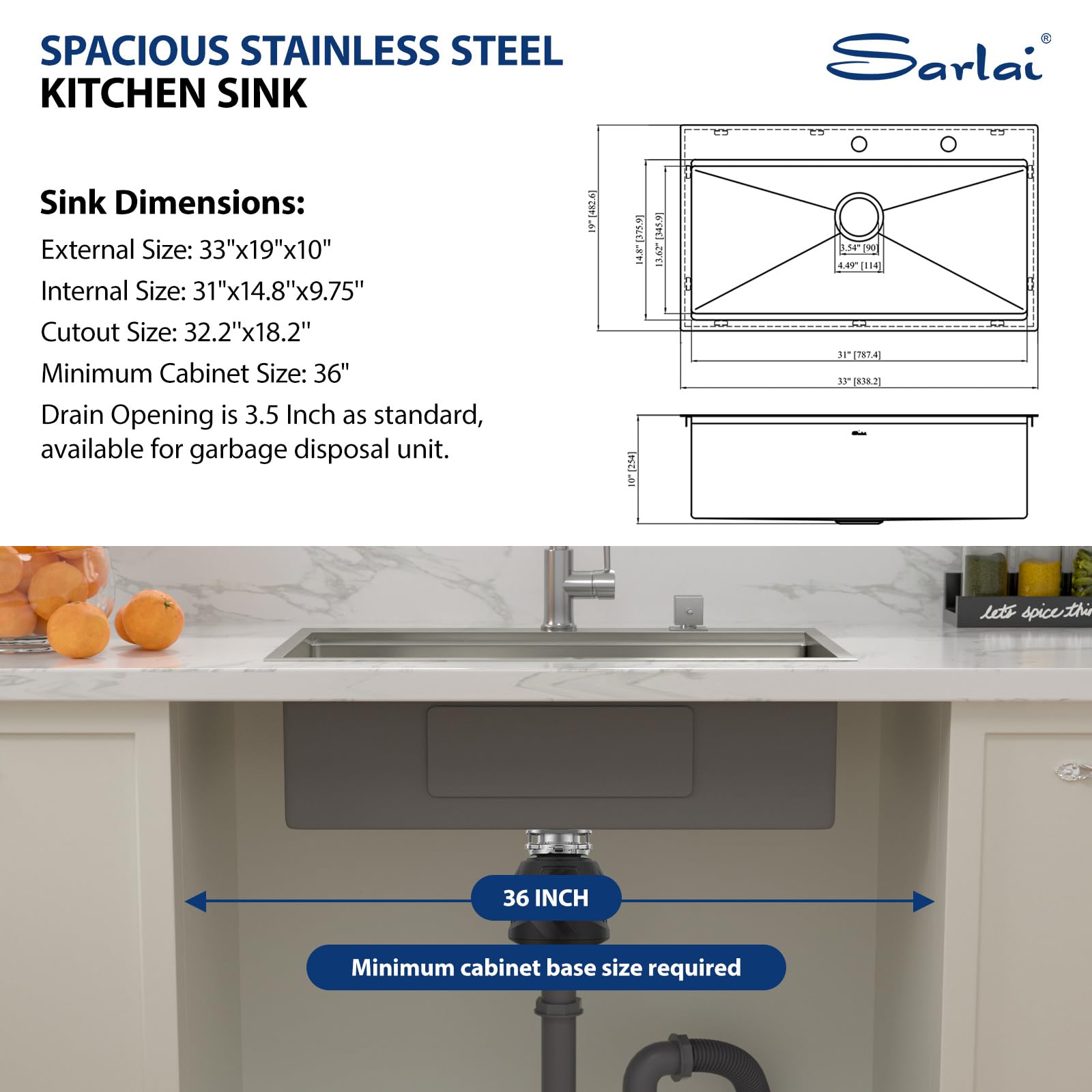 Sarlai 33in Drop In Single Bowl Stainless Steel Workstation Kitchen Sink