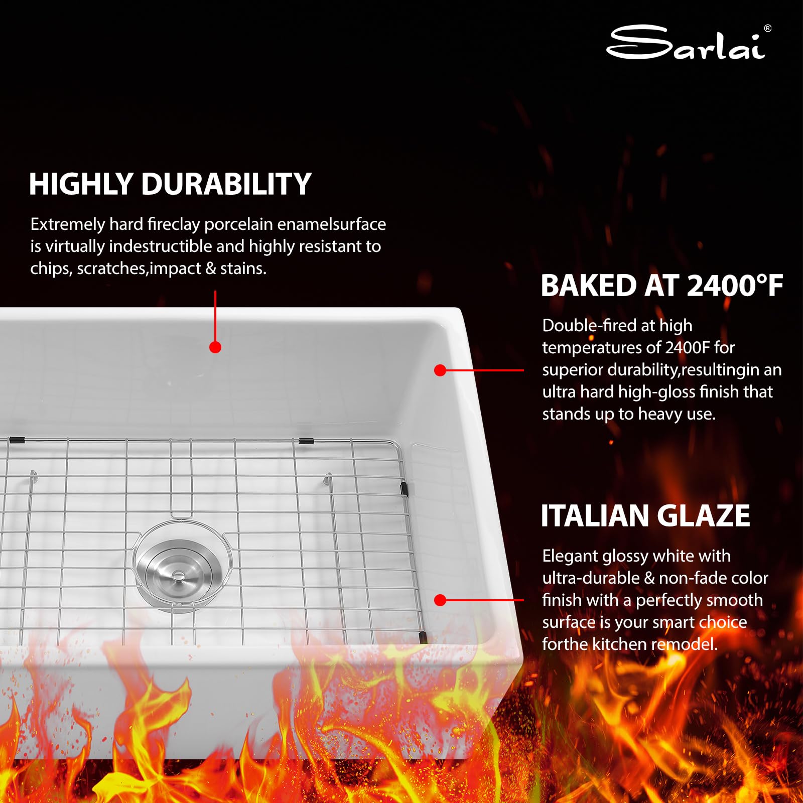 Sarlai 28''x20'' Apron Front Vitreous Fireclay Farmhouse Sink, Single Bowl White Porcelain Kitchen Farmer Basin