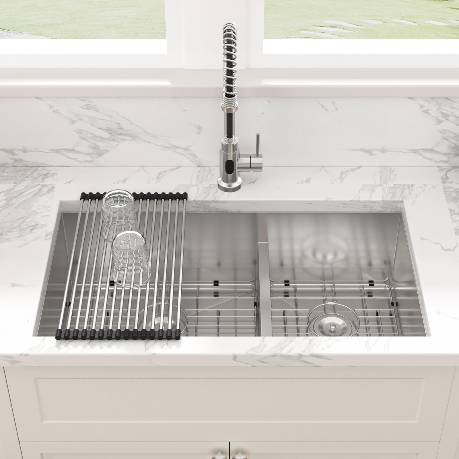 Sarlai 36in Undermount Double Bowl 60/40 Low Divide Stainless Steel Kitchen Sink with Accessories