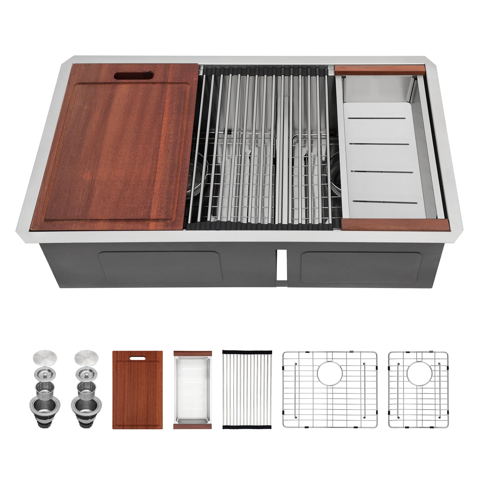 Sarlai 33'' Undercounter Low Divide Double Bowl 60/40 Stainless Steel Workstation Kitchen Sink