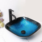 Sarlai 16.75''x16.75'' Matte Black Square Tempered Glass Bathroom Vessel Sink, Countertop Basin with Faucet & Pop-up Drain Combo