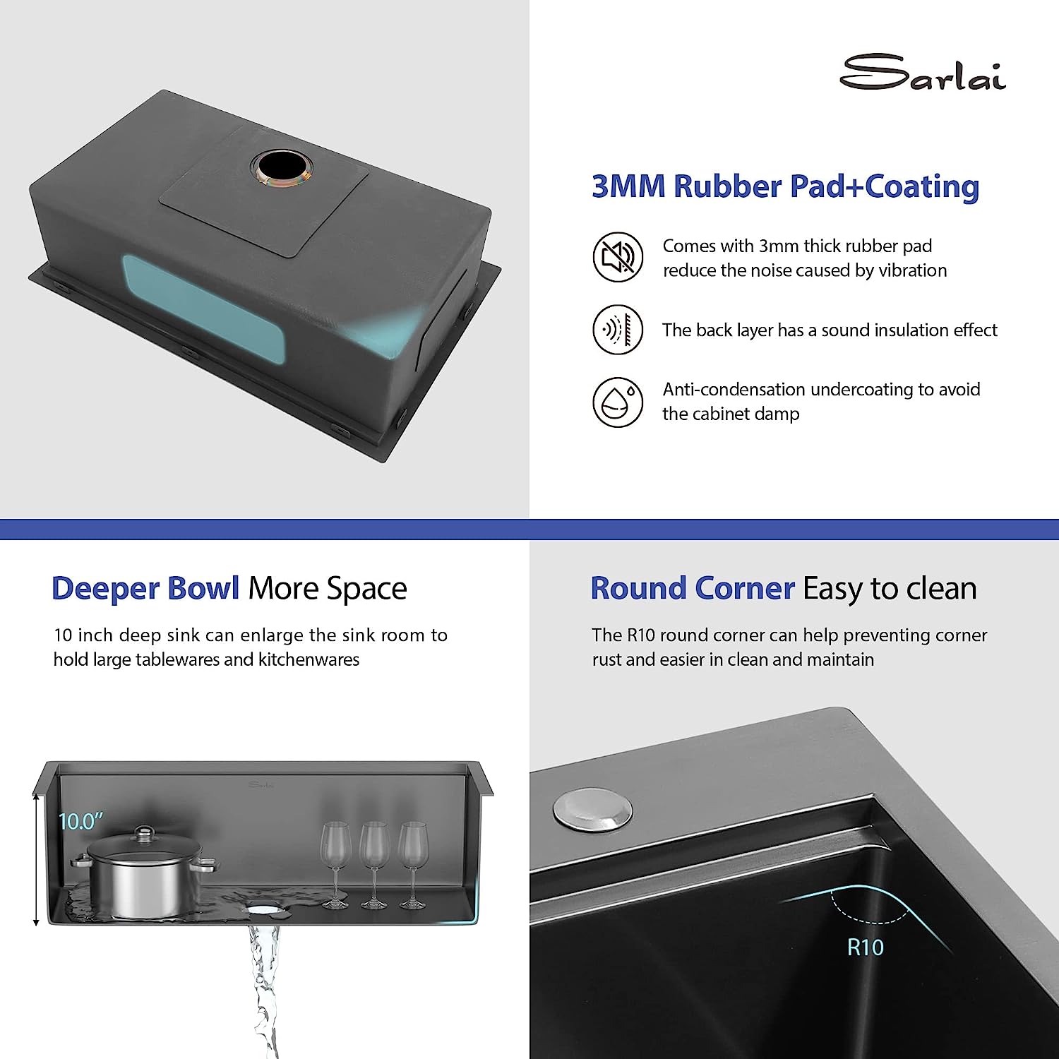 Sarlai 30in Topmount Gunmetal Black Stainless Steel Single Bowl Workstation Kitchen Sink