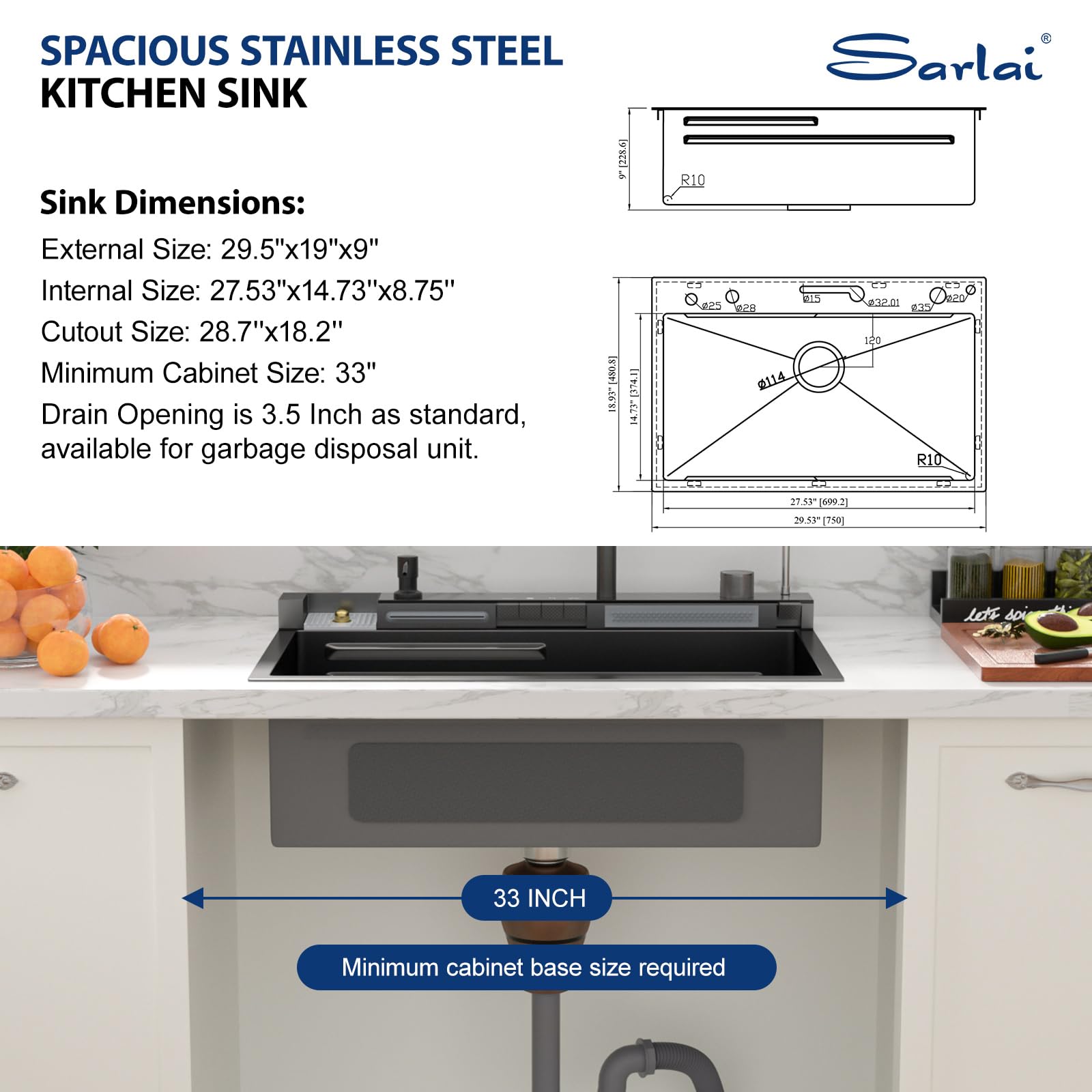 Sarlai 30'' Digital Display Drop In Waterfall Single Bowl Stainless Steel Workstation Kitchen Sink