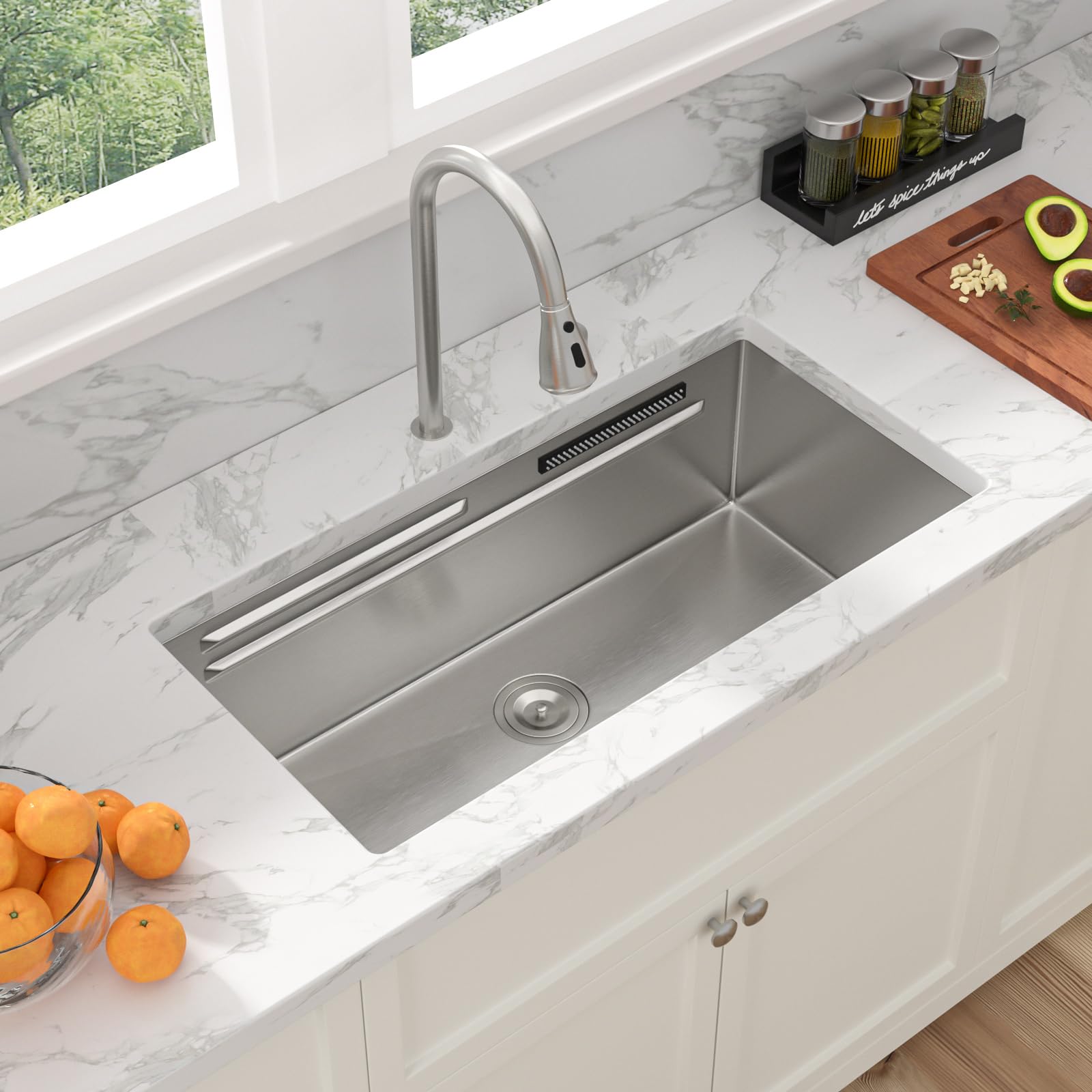 Sarlai 33'' Waterfall Undermount Workstation Kitchen Sink, 16 Gauge Stainless Steel Multifunction Single Bowl Basin with Matching Faucet