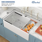 Sarlai 33''x20'' Workstation White Fireclay Farmhouse Sink, Apron Front Undermount Single Bowl Porcelain Kitchen Farmer Sink