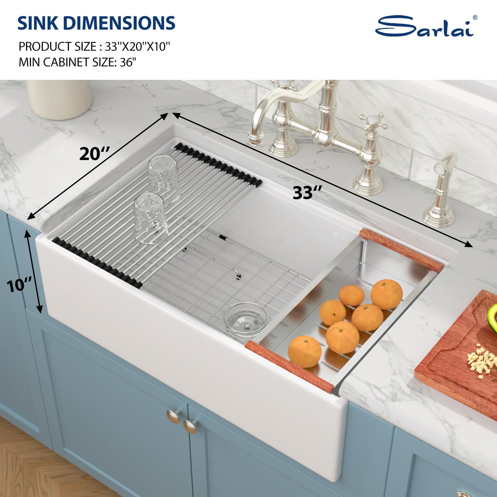 Sarlai 33''x20'' Workstation White Fireclay Farmhouse Sink, Apron Front Undermount Single Bowl Porcelain Kitchen Farmer Sink