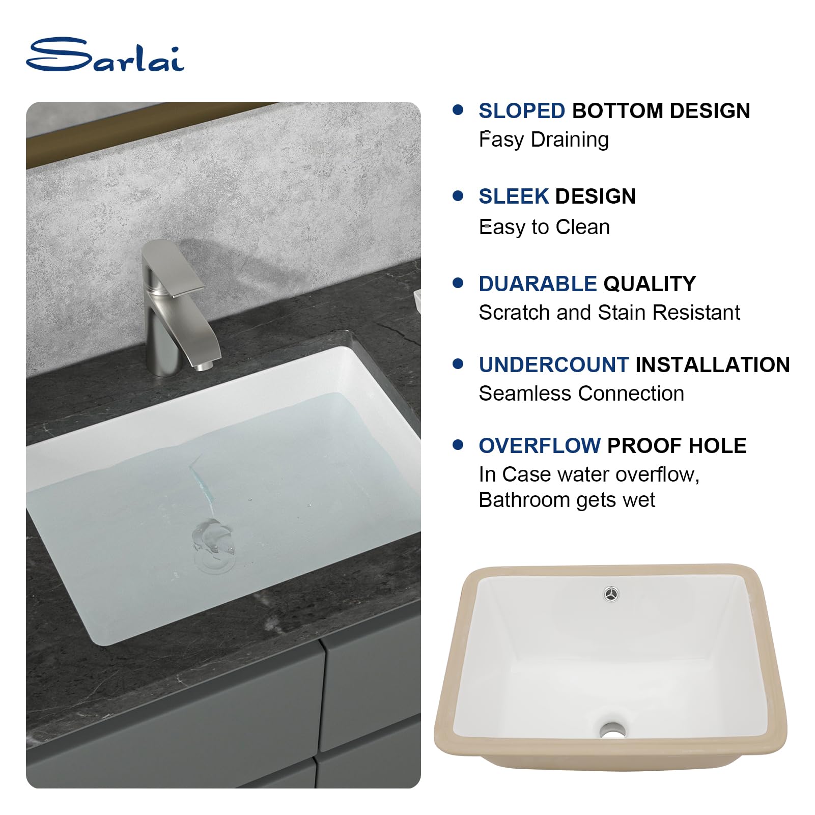 Sarlai Undermount Bathroom Sink - 20 x 14.5 inch Rectangular Vessel Sink Undermount Sink Modern White Ceramic Rectangle Sink, Under Counter Vanity Sink Art Basin with Overflow
