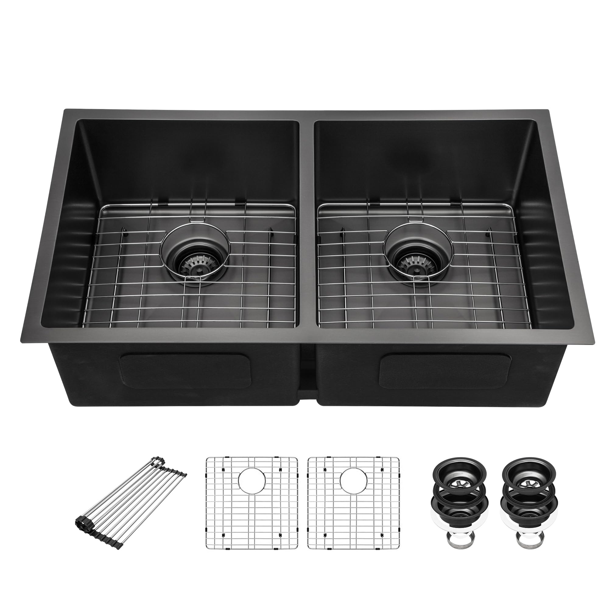 Sarlai 33 Inch Black Undermount 50/50 Double bowl Stainless Steel Kitchen Sink with Accessories Main image