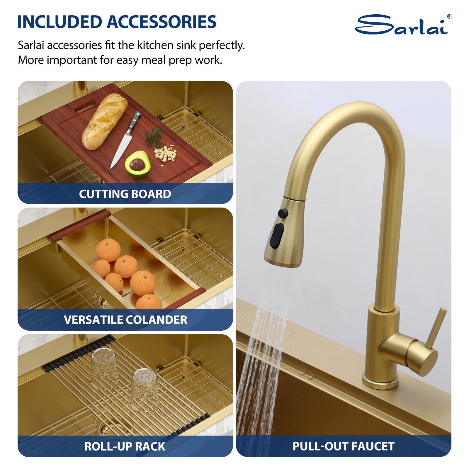 Sarlai 33''x22'' Gold Nano PVD Drop-In Workstation Kitchen Sink, 16 Gauge Stainless Steel Topmount Single Bowl with Pull-out Kitchen Faucet