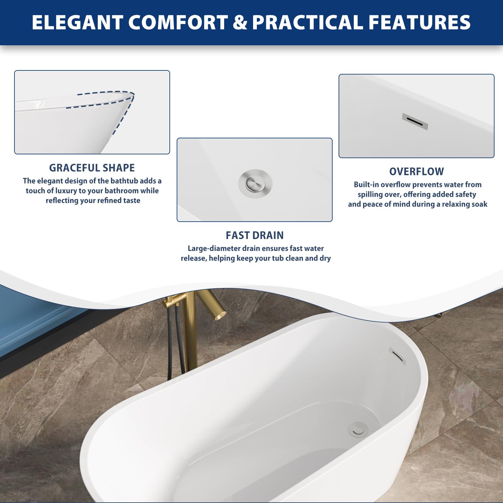 Sarlai Modern High-Back White Acrylic Freestanding Bathtub