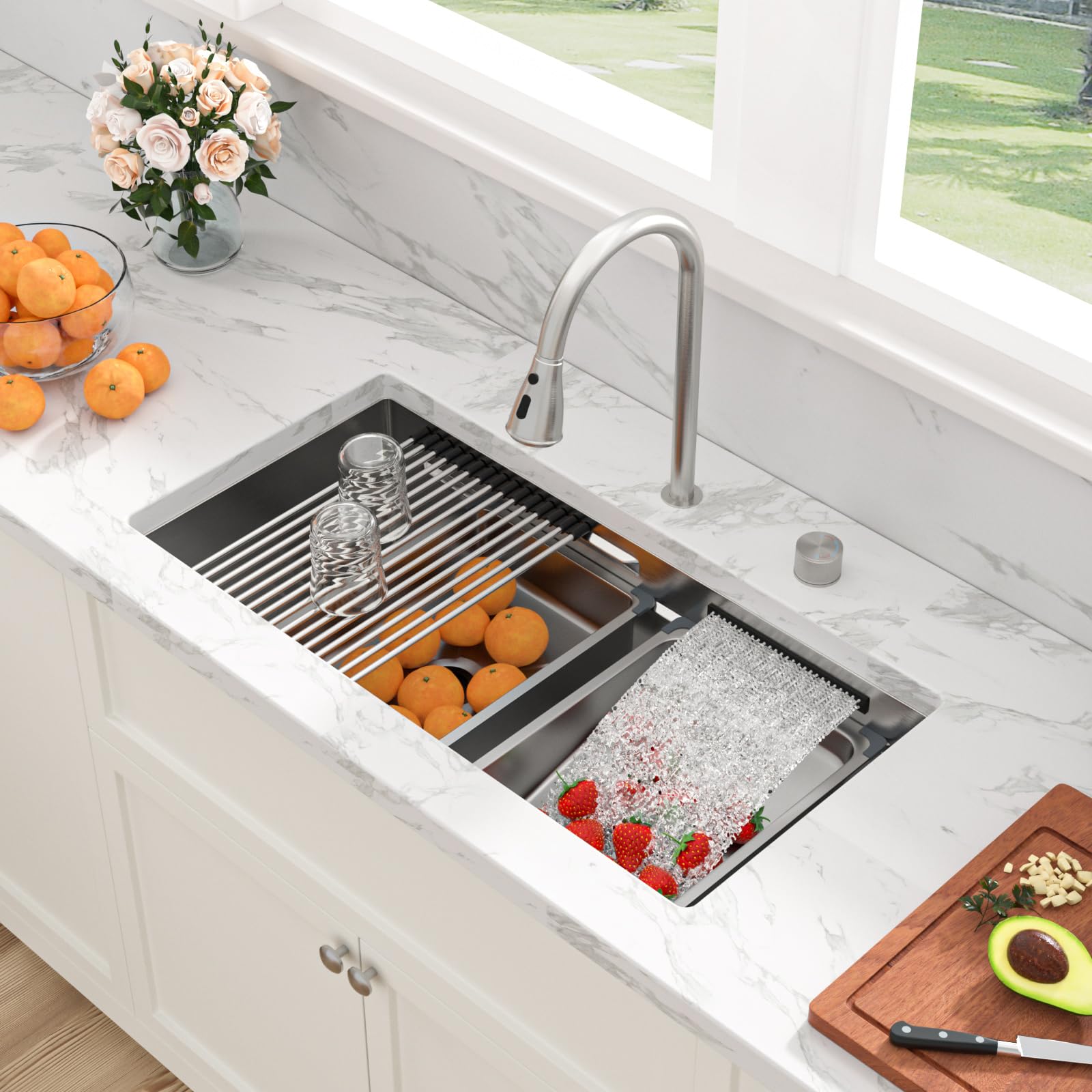 Sarlai 33'' Waterfall Undermount Workstation Kitchen Sink, 16 Gauge Stainless Steel Multifunction Single Bowl Basin with Matching Faucet Secondary image