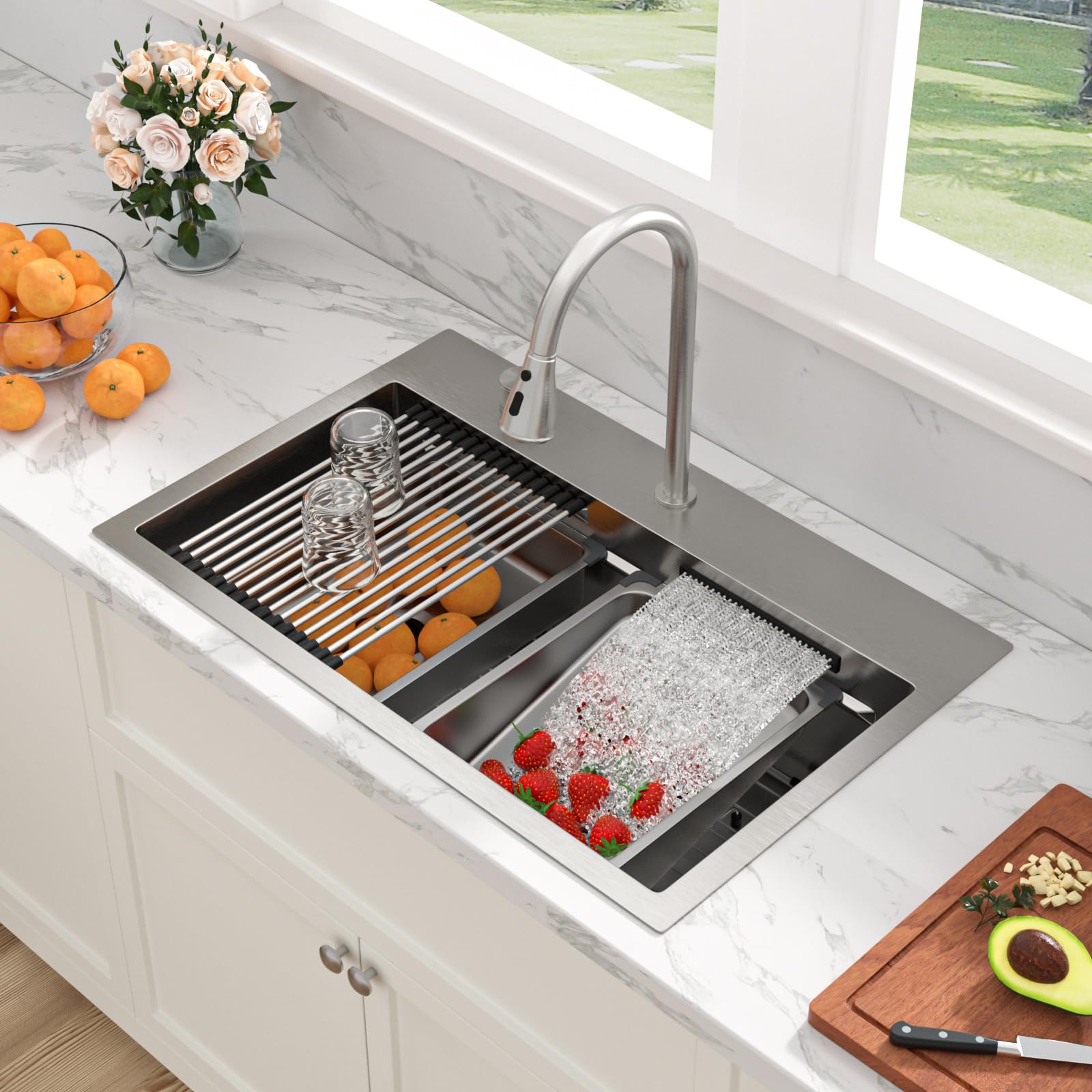 Sarlai 31'' Stainless Steel Topmount Single Bowl Waterfall Workstation Kitchen Sink