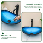 Sarlai 21''x14'' Blue Boat Shape Bathroom Vessel Sink, Modern Artistic Tempered Glass Countertop Basin with Black Faucet & Pop-up Drain
