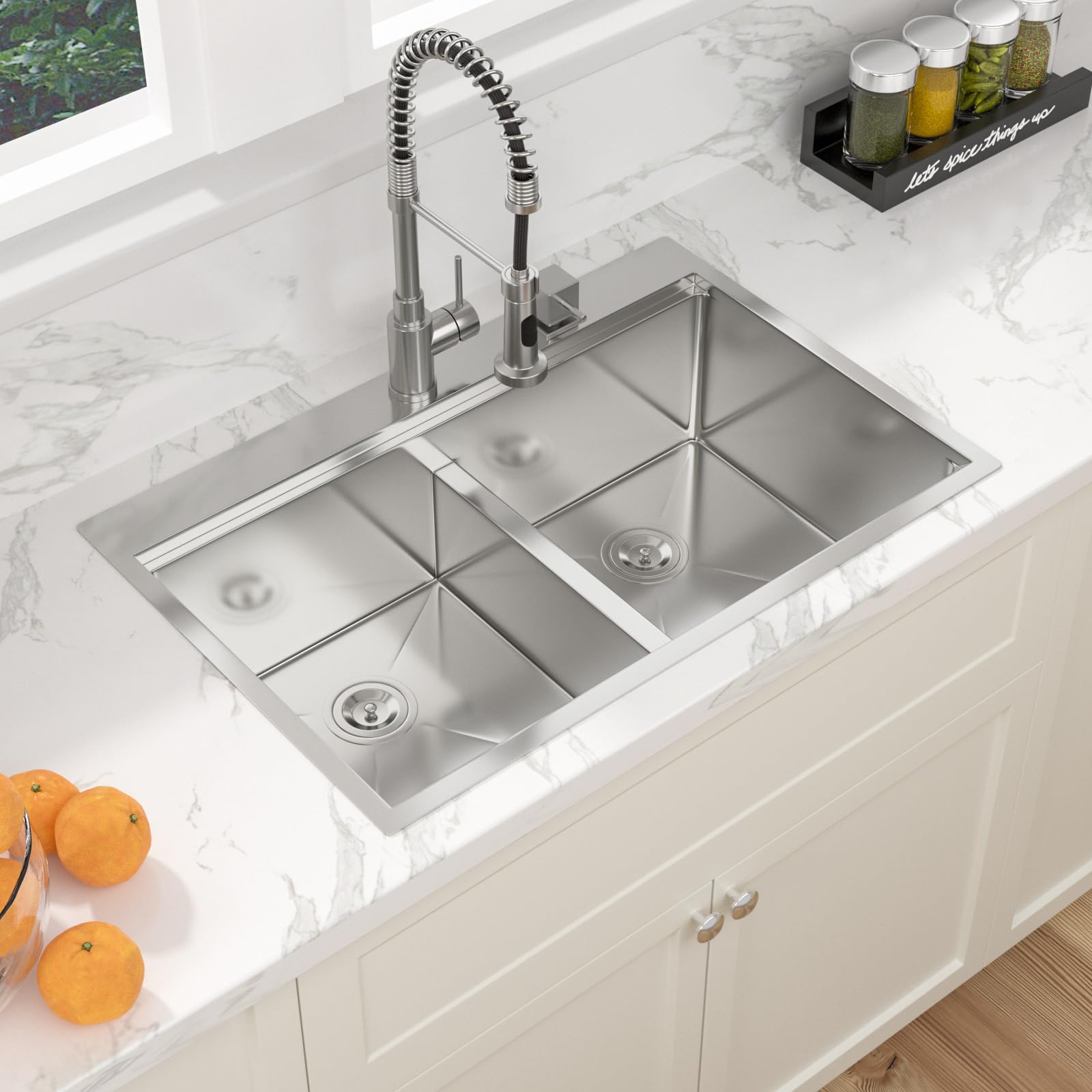 Sarlai 33in Drop In Double Bowl 50/50 Low Divide Stainless Steel Workstation Kitchen Sink