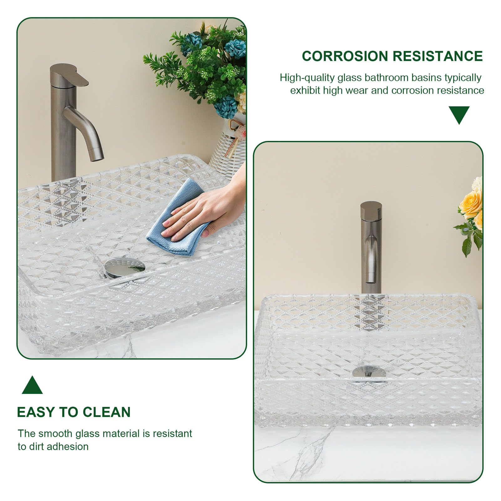 Sarlai 17.5''x13'' Diamond Rectangular Tempered Glass Bathroom Vessel Sink, Countertop Basin with Pop-up Drain Combo