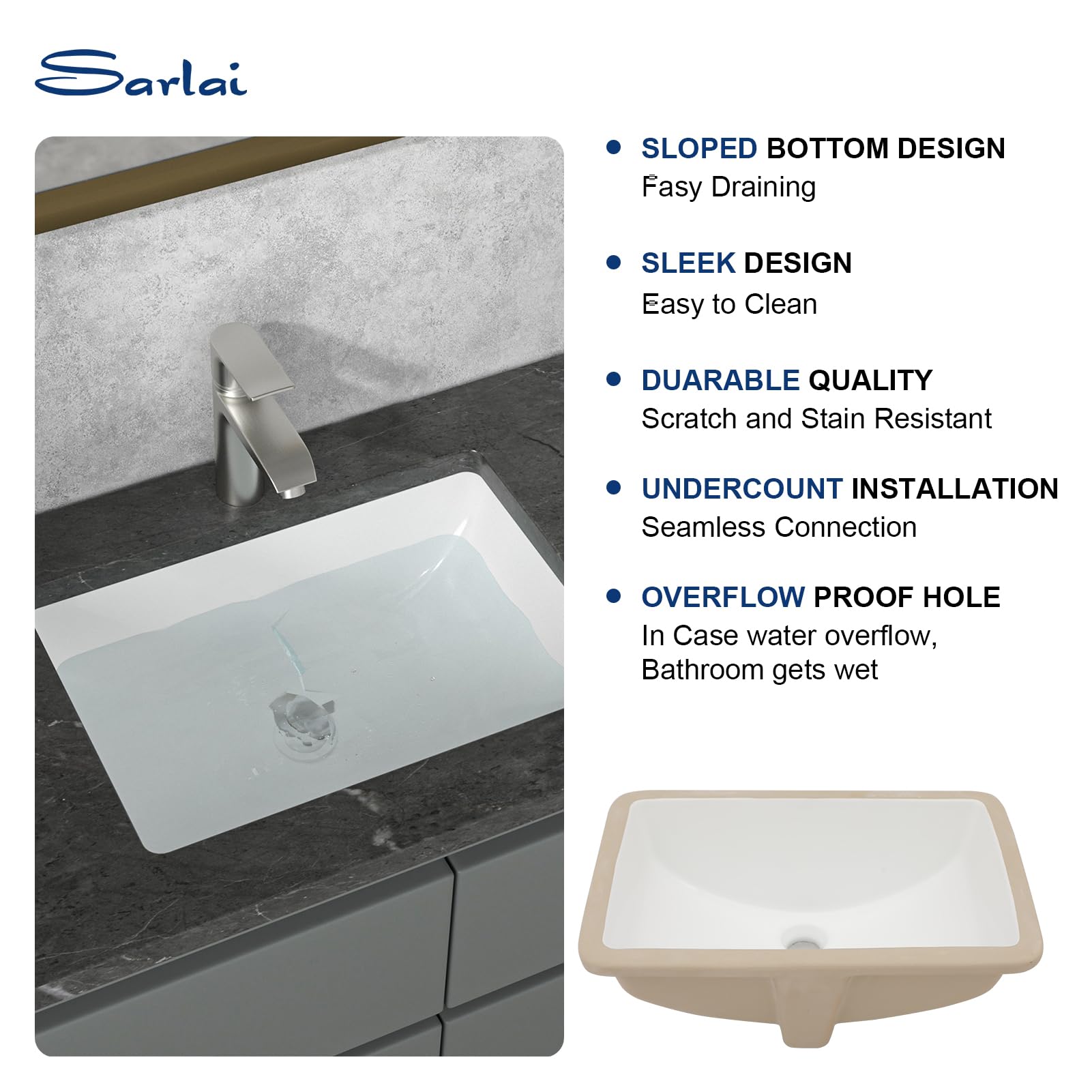Sarlai 19.4in x 13.7in White Ceramic Rectangular Undermount Bathroom Vessel Sink with Overflow