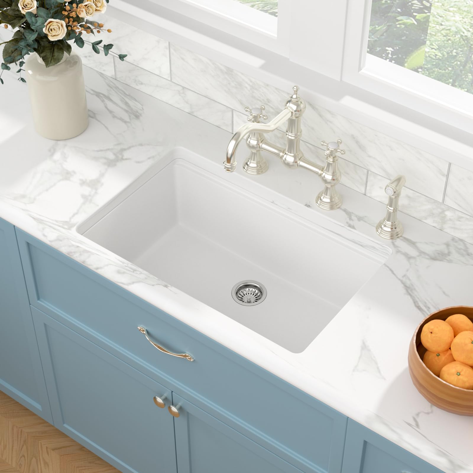Sarlai 30in Under Counter White Granite Composite Quartz Single Bowl Workstation Kitchen Sink