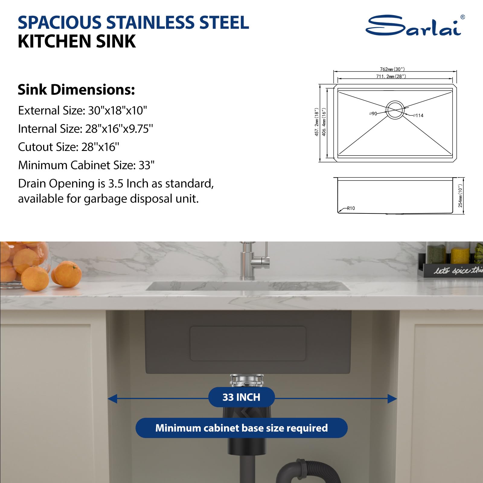 Sarlai 30 Kitchen Sink Stainless Steel - 30 Inch Kitchen Sink Undermount Ledge Workstation 16 Gauge Stainless Steel Single Bowl Rectangular Under Counter Kitchen Sink with Accessories