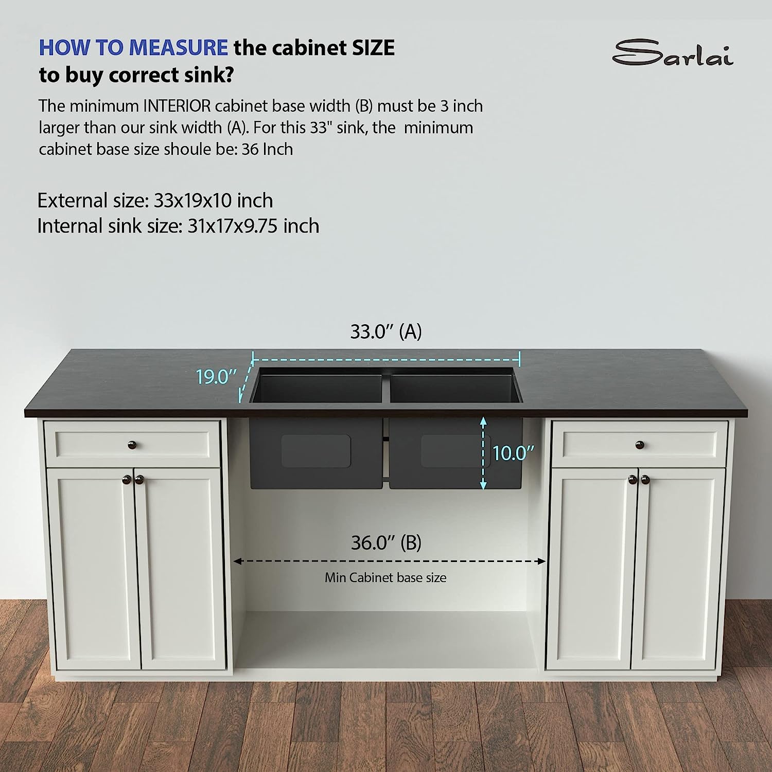 Sarlai 33in Undermount Double Basin 50/50 Gunmetal Black Stainless Steel Kitchen Sink