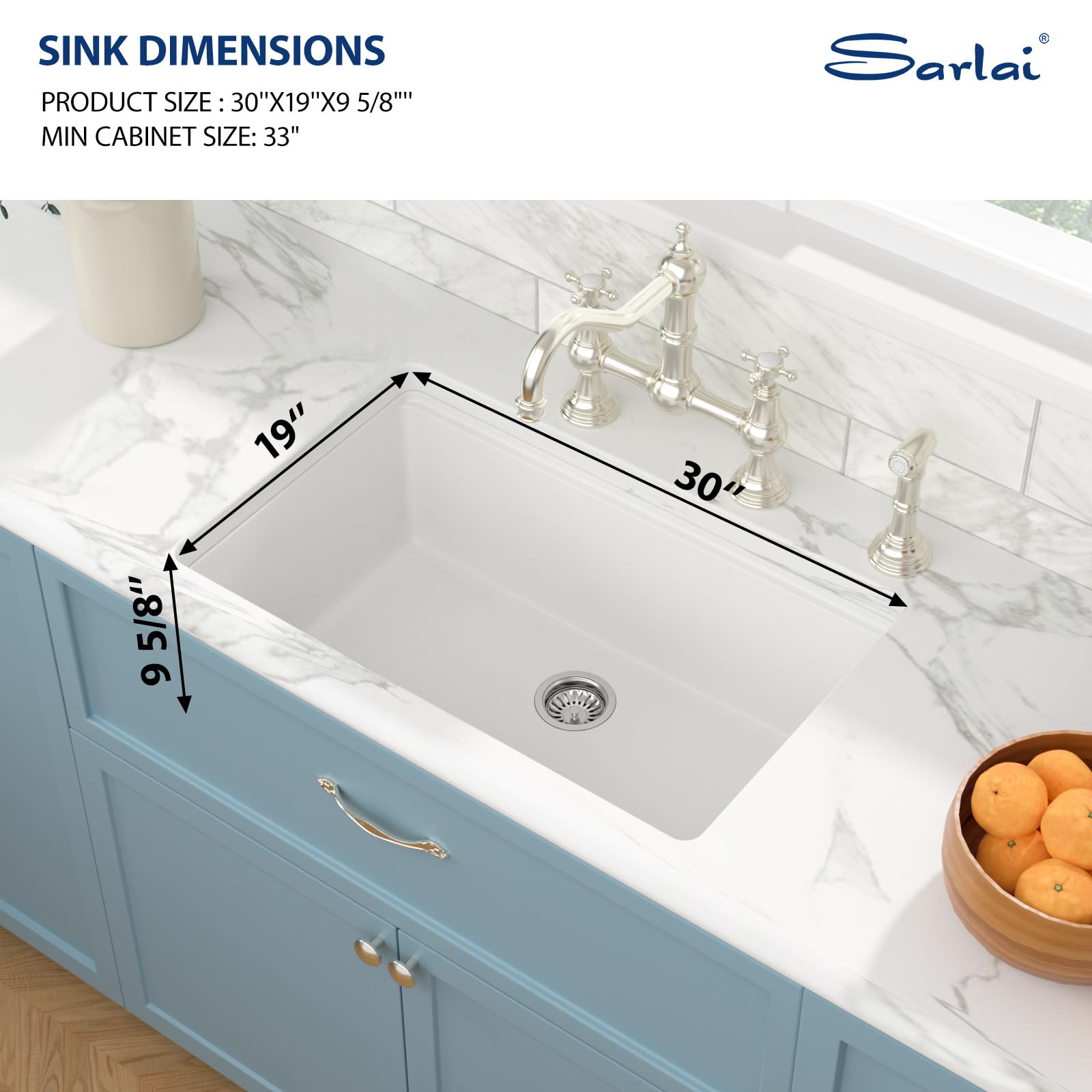 Sarlai 30in Under Counter White Granite Composite Quartz Single Bowl Workstation Kitchen Sink