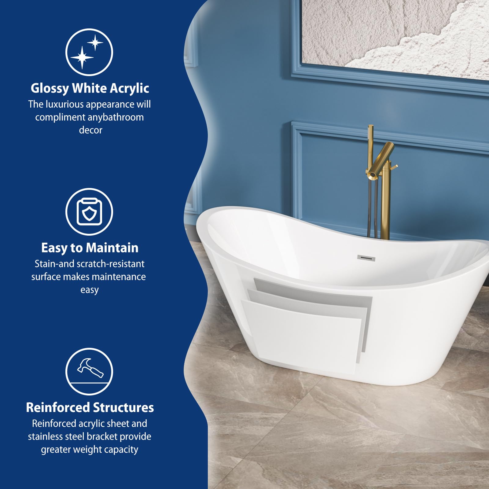 Sarlai Modern Dual-Back White Acrylic Freestanding Bathtub