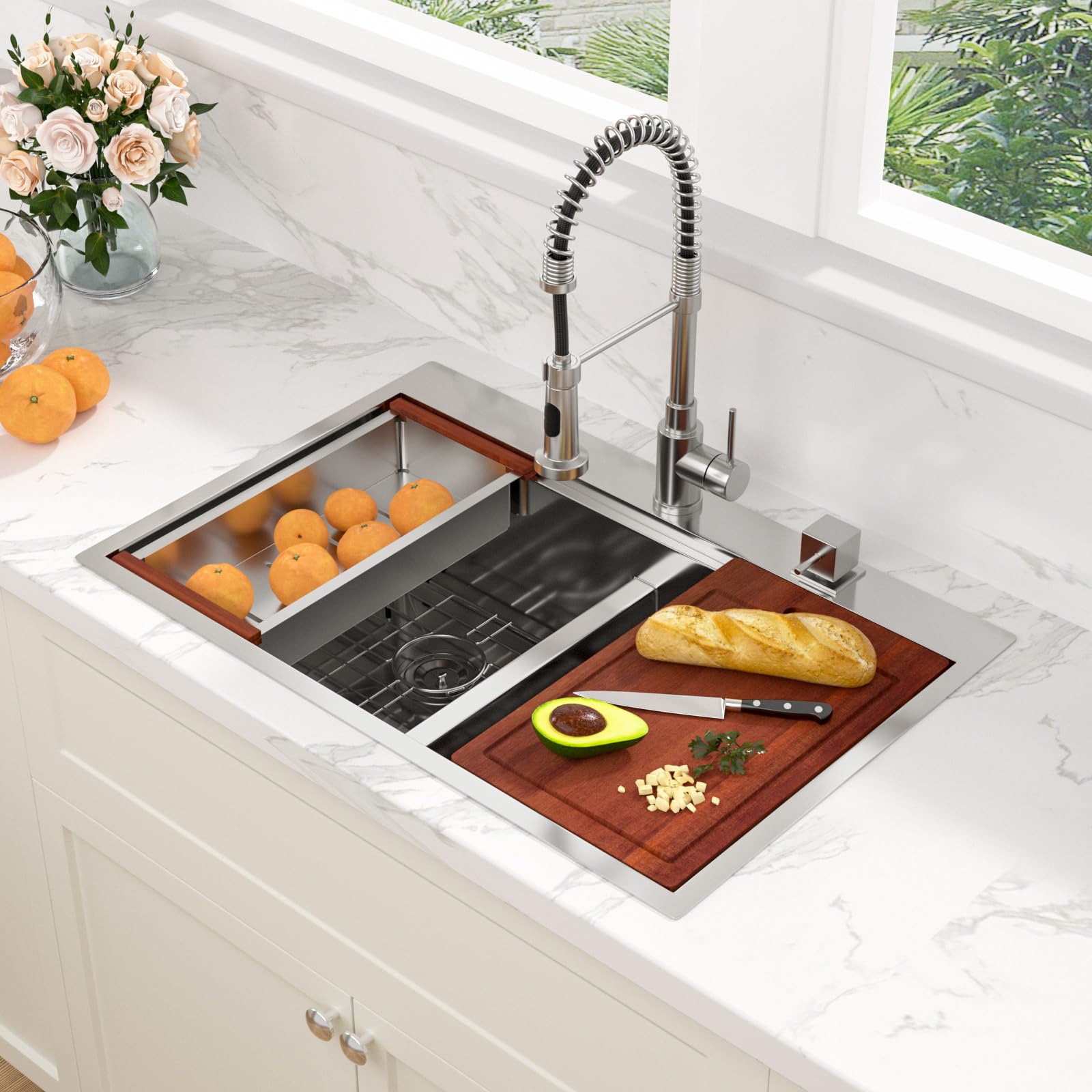 Sarlai 33in Drop In Double Bowl 50/50 Low Divide Stainless Steel Workstation Kitchen Sink