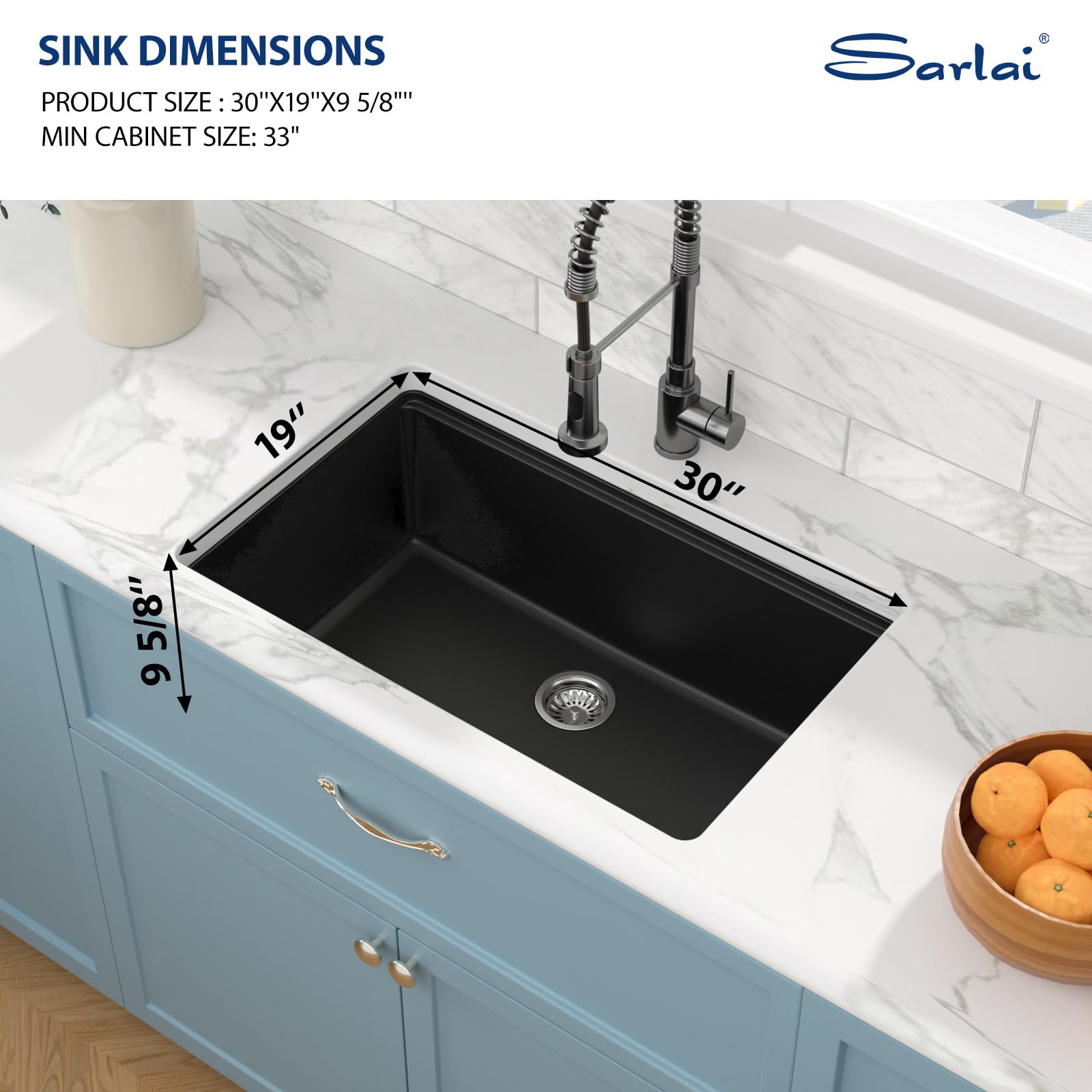 Sarlai 30'' x 19'' Granite Composite Single Bowl Undermount Black Workstation Kitchen Sink