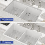 Sarlai 32 White Undermount Kitchen Sink Double Bowl - 32 Inch Drop Kitchen Sink Double Basin 50/50 Divide White Porcelain Ceramic Fireclay Undermount Drop/Undermount Kitchen Sinks Basin