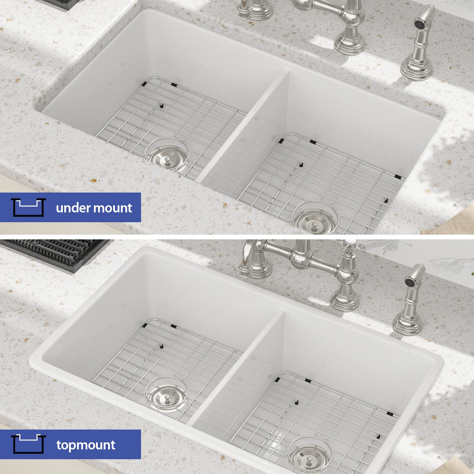 Sarlai 32 White Undermount Kitchen Sink Double Bowl - 32 Inch Drop Kitchen Sink Double Basin 50/50 Divide White Porcelain Ceramic Fireclay Undermount Drop/Undermount Kitchen Sinks Basin