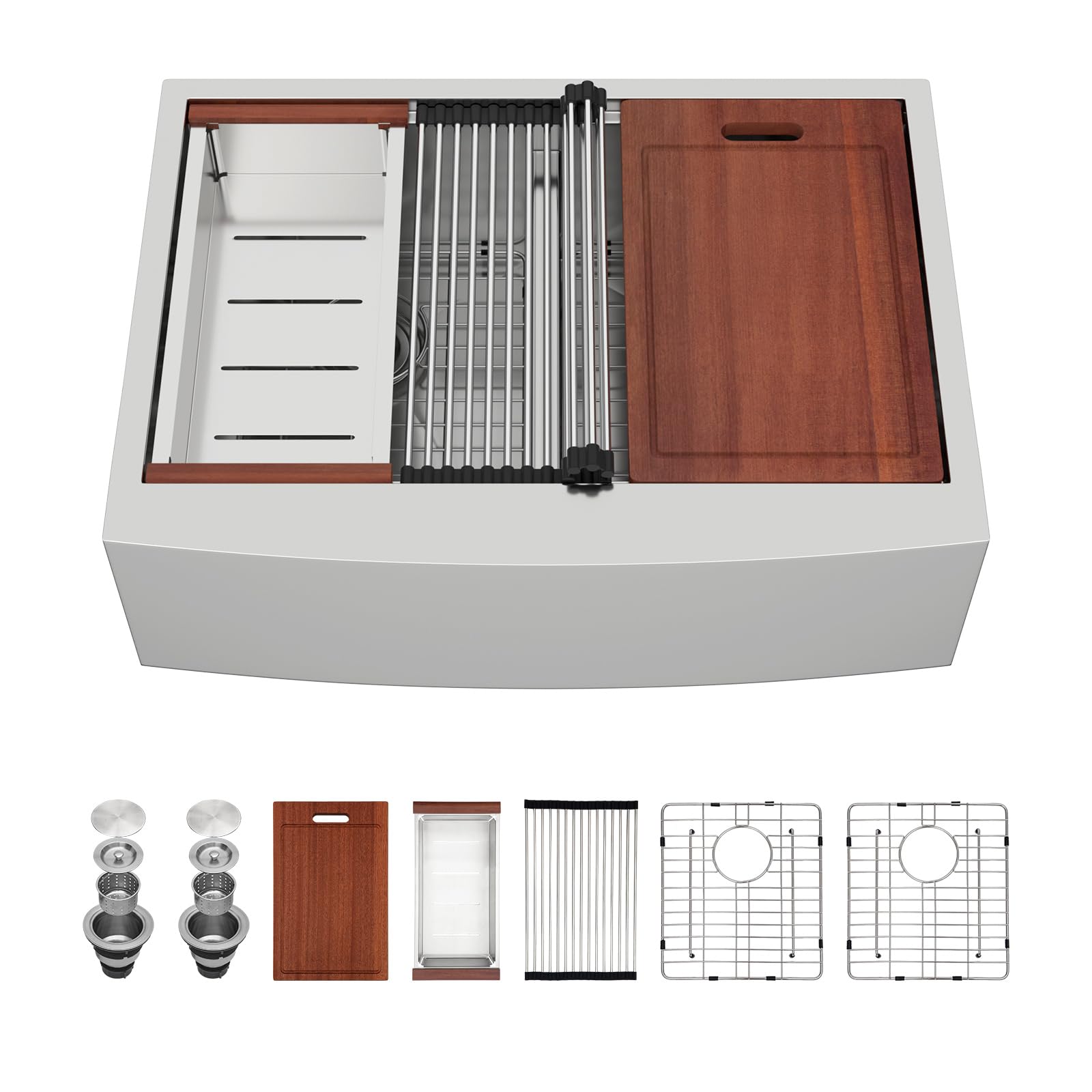 Sarlai 30in Double Bowl Apron Front Stainless Steel Workstation Kitchen Farm Sink Main image
