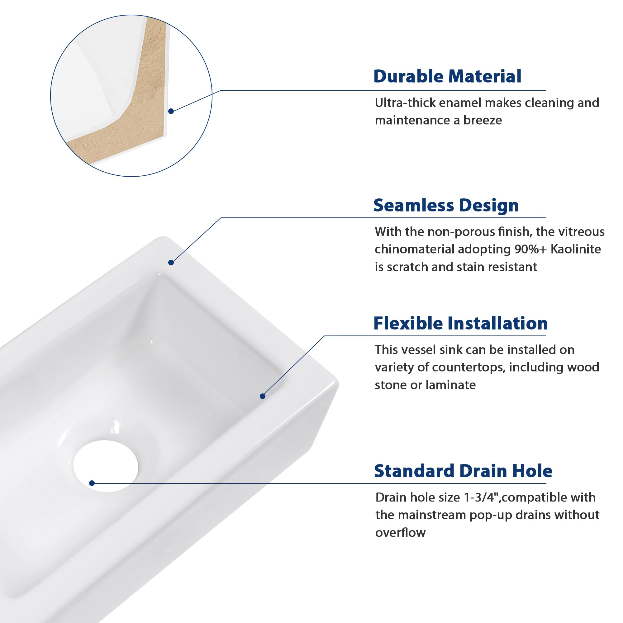 Sarlai 15''x7'' Floating Wall Hang White Porcelain Ceramic Bathroom Vessel Sink-Left Hand
