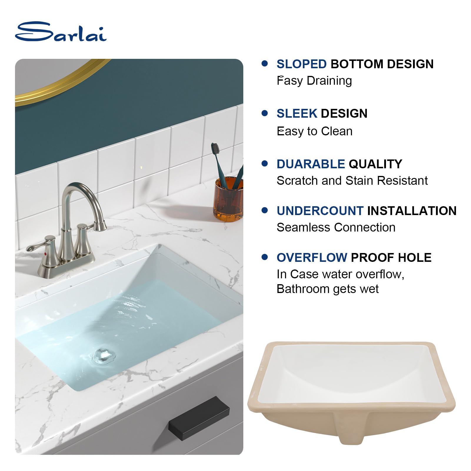 Sarlai 21in Rectangular Modern White Ceramic Undermount Bathroom Vessel Sink with Overflow