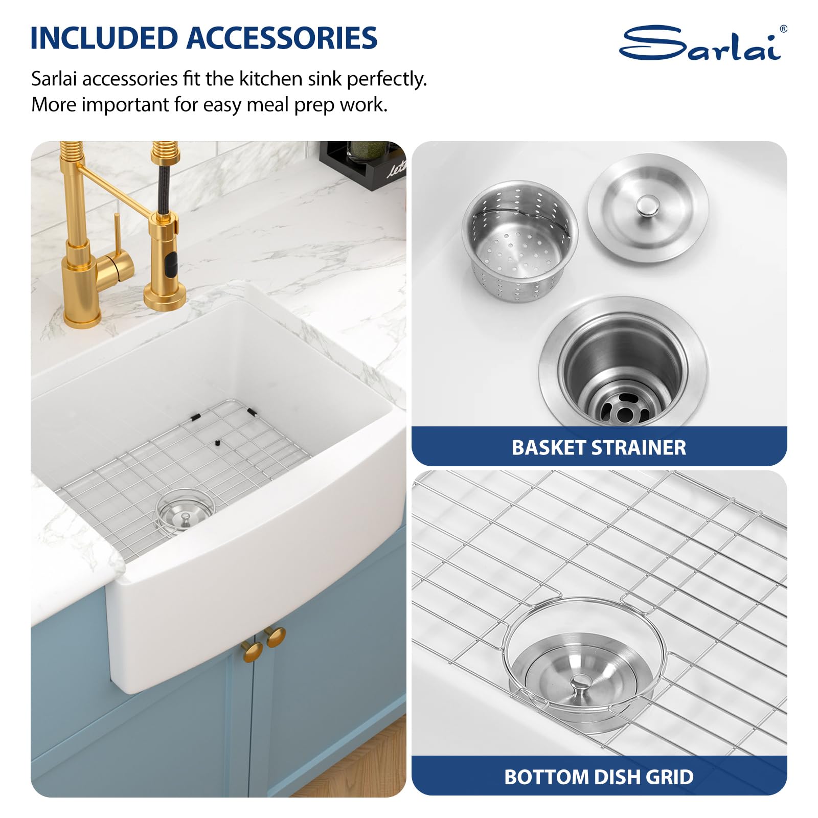 Sarlai 24'' White Apron Front Fireclay Farmhouse Sink, Single Bowl Ceramic Kitchen & Laundry Room Farm Basin Secondary image