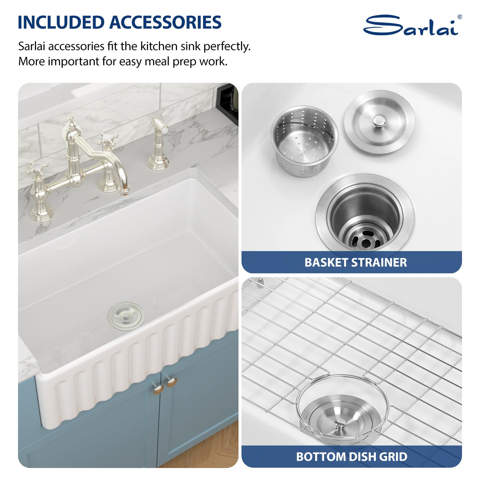 Sarlai 33''x18'' Reversible Apron Front White Fireclay Farmhouse Sink, Single Bowl Undermount Ceramic Kitchen Farmer Basin