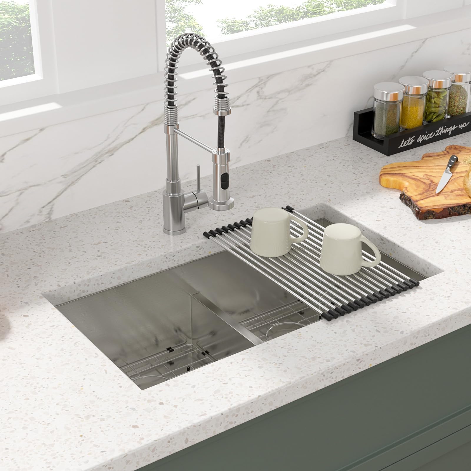 Sarlai 36 Inch Double Bowl 50/50 Low Divide Undermount Stainless Steel Kitchen Sink with Accessories
