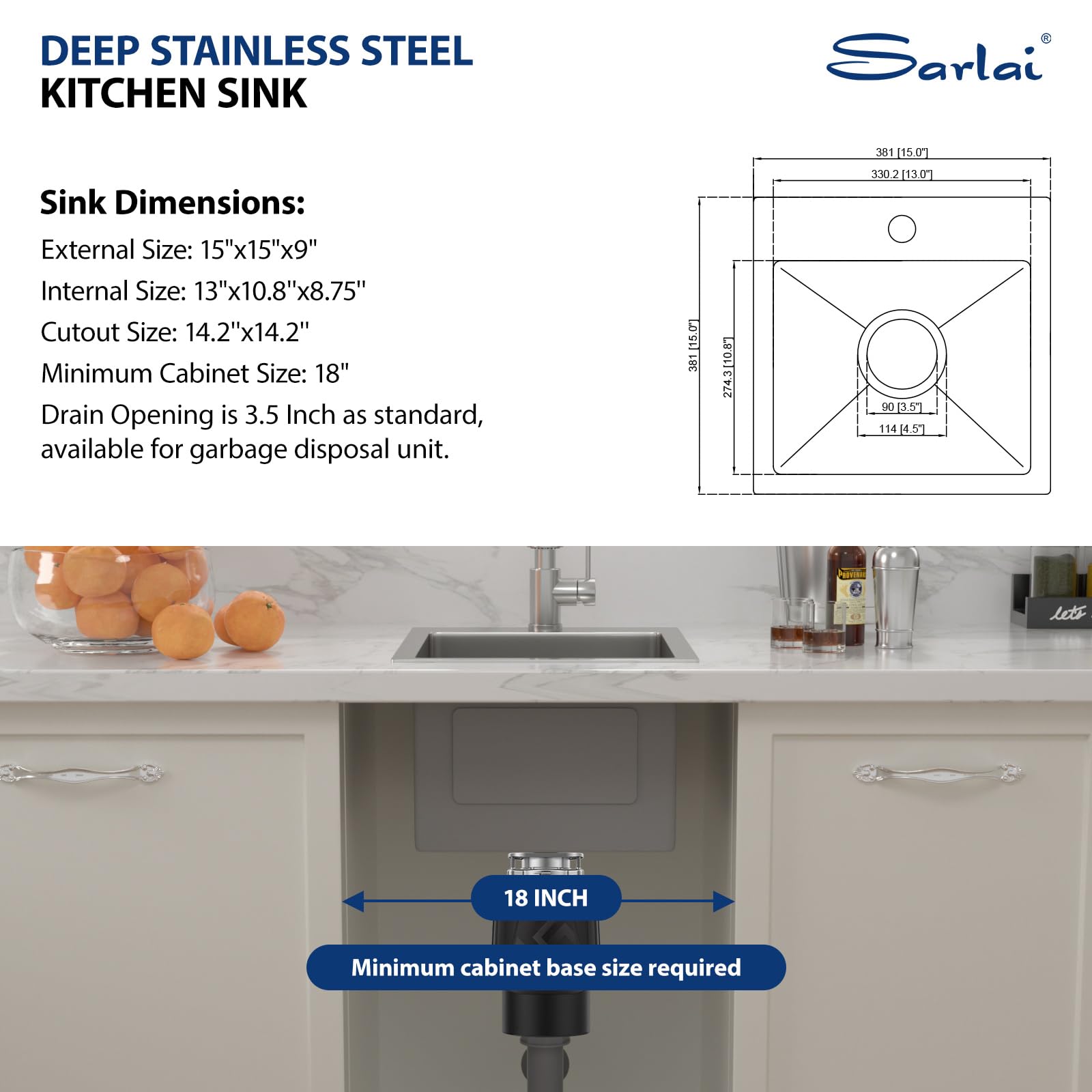 Sarlai 15in Topmount Single Bowl Stainless Steel Bar Sink
