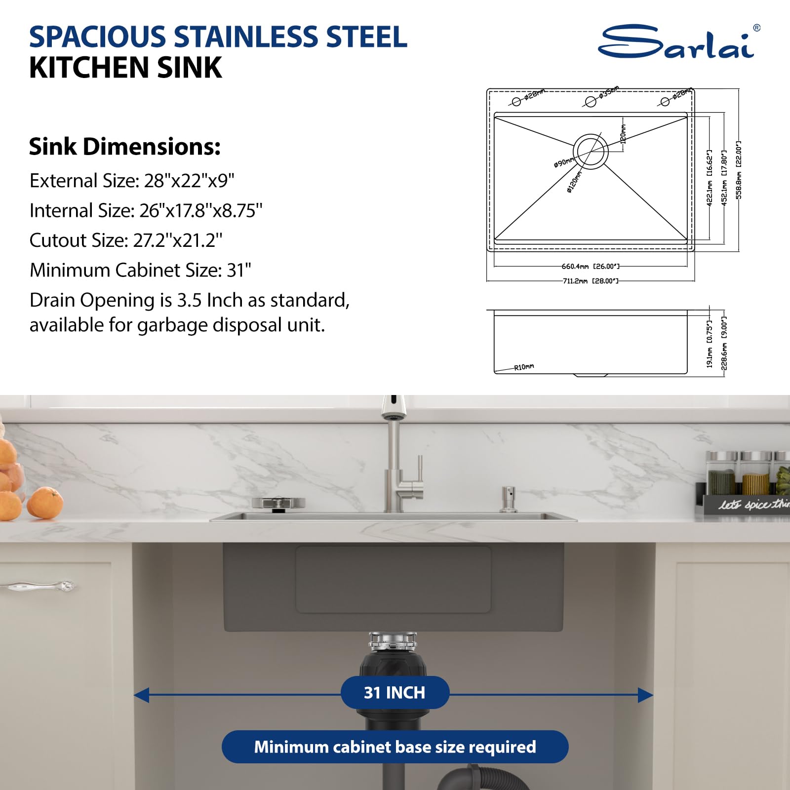 Sarlai 28''x22'' Drop-In Workstation Stainless Steel Kitchen Sink, 16 Gauge Topmount Single Bowl with Cup Rinser, Soap Dispenser & Faucet