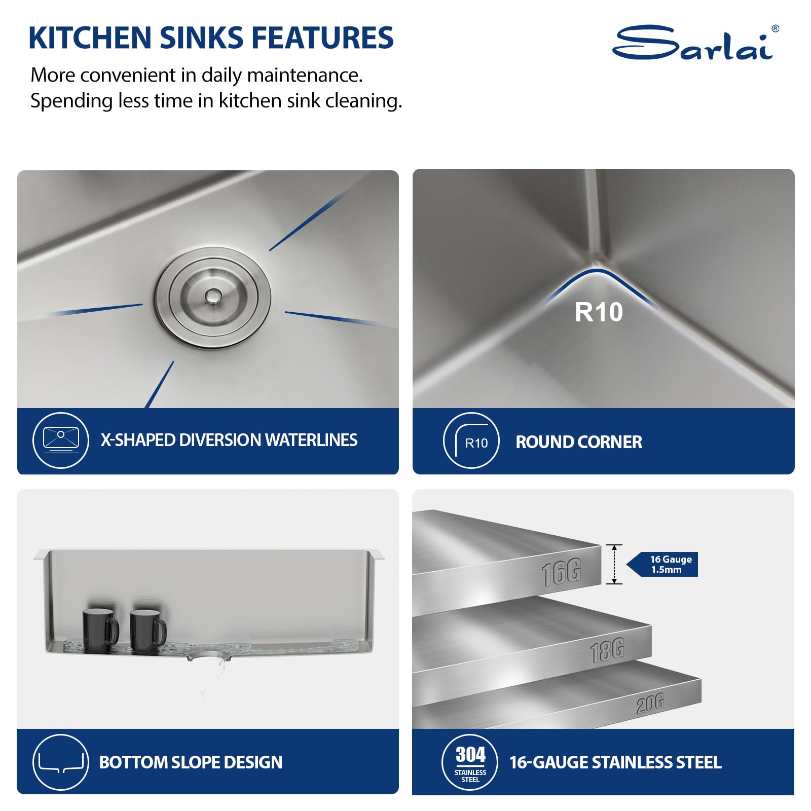 Sarlai 35in Undermount Single Bowl Stainless Steel Kitchen Sink
