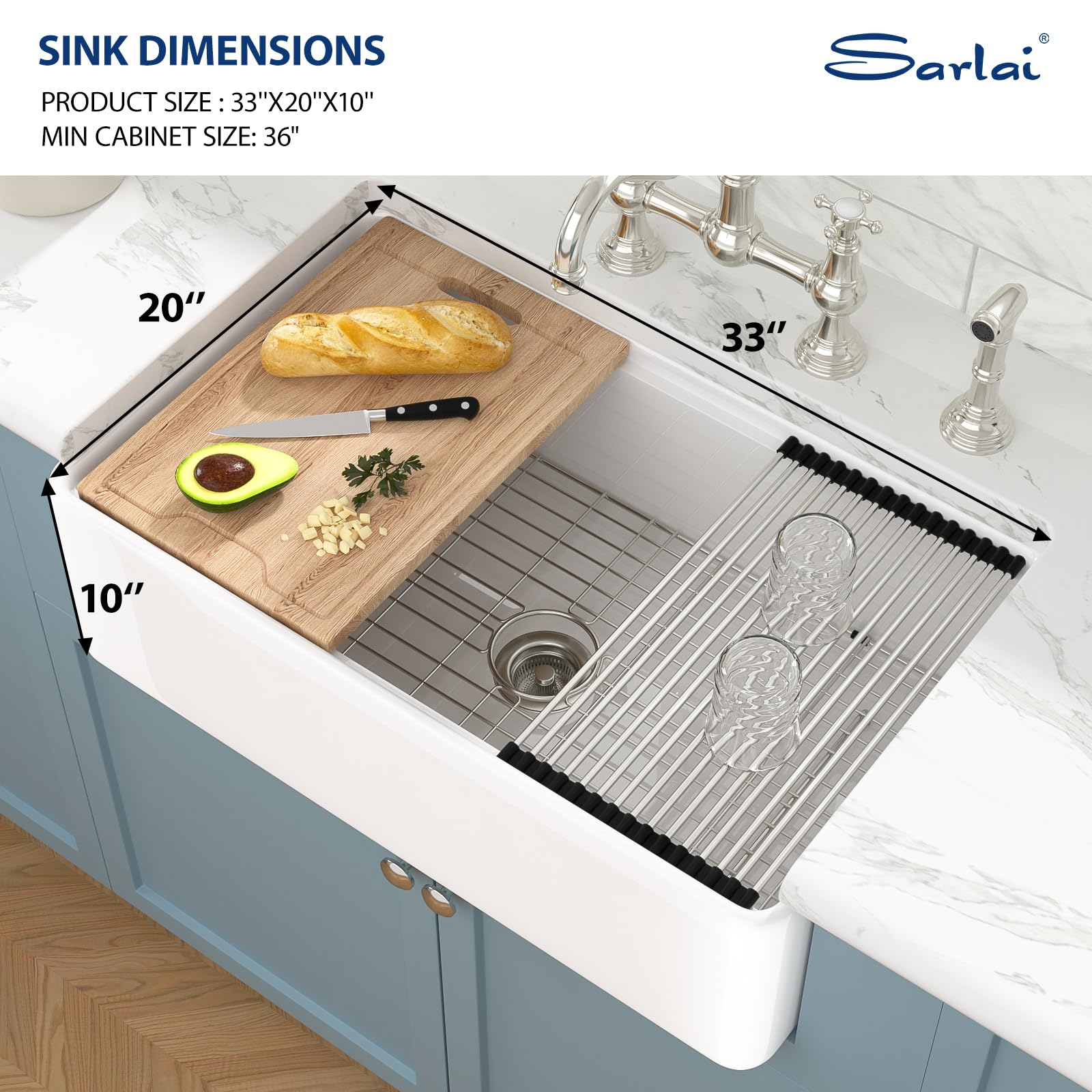 Sarlai 33''x20'' White Fireclay Farmhouse Kitchen Sink, Apron Front Single Bowl Undermount Workstation Ceramic Farm Sink with Complete Accessories