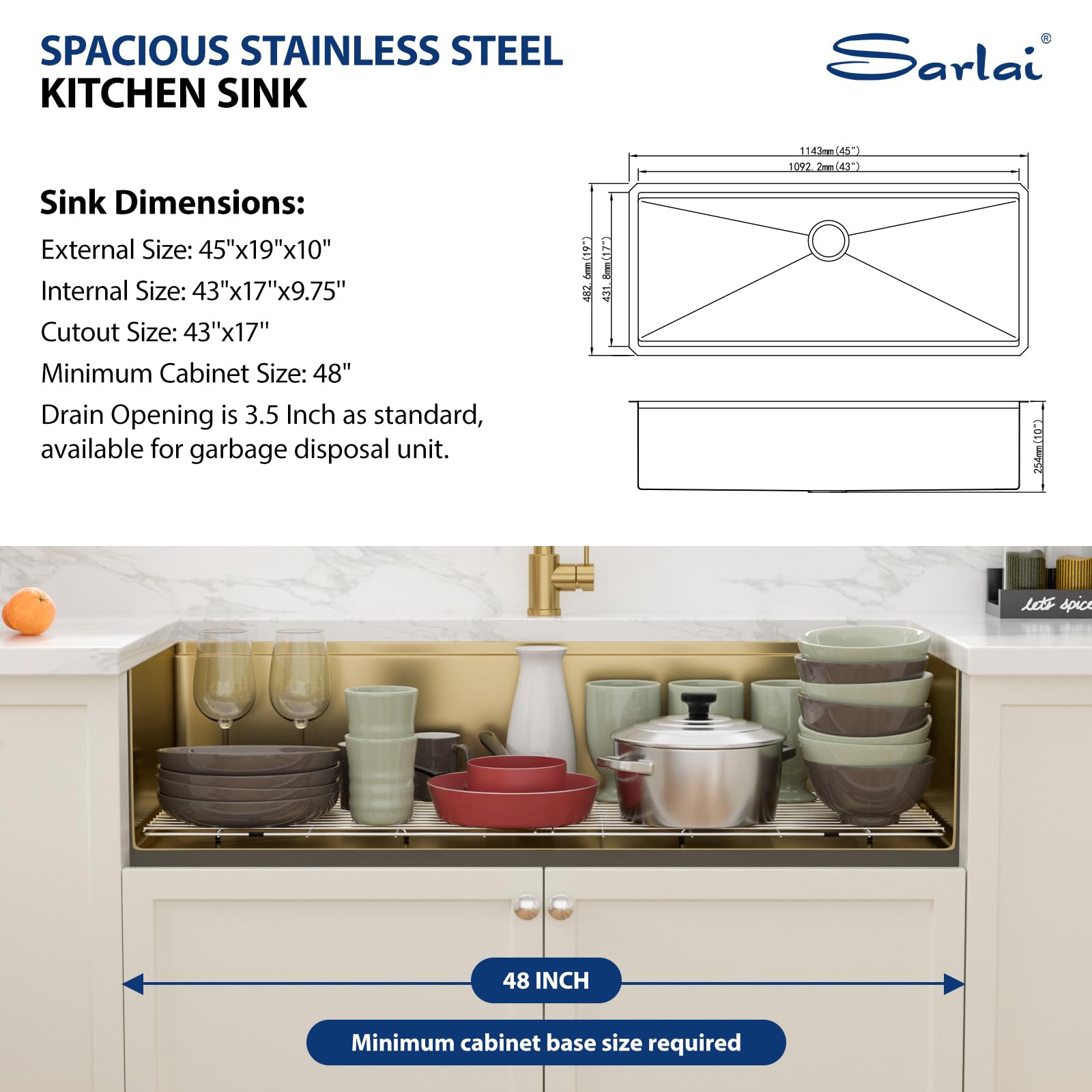 Sarlai 45'' Gold NANO-Tech Undermount Workstation Kitchen Sink, 16 Gauge Stainless Steel Round Corner Single Bowl Basin
