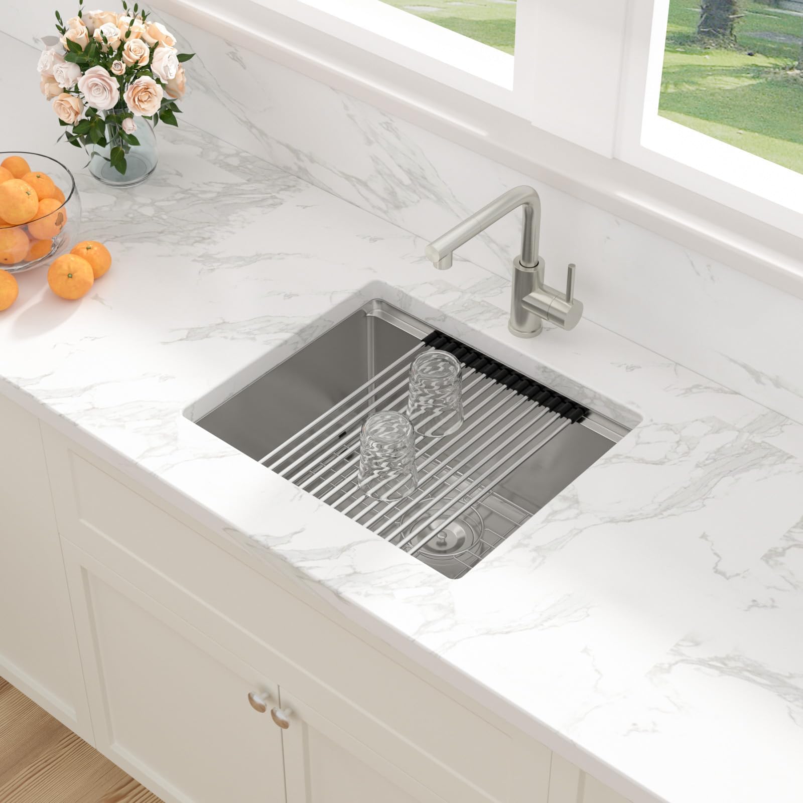 Sarlai 21''x18'' Undermount Bar Sink with Faucet, 16 Gauge Stainless Steel Ledge Workstation Outdoor RV Bar Prep Small Kitchen Basin